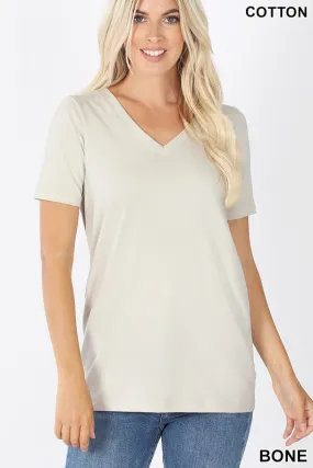 1009   Bone Cotton V-neck Basic T-Shirt