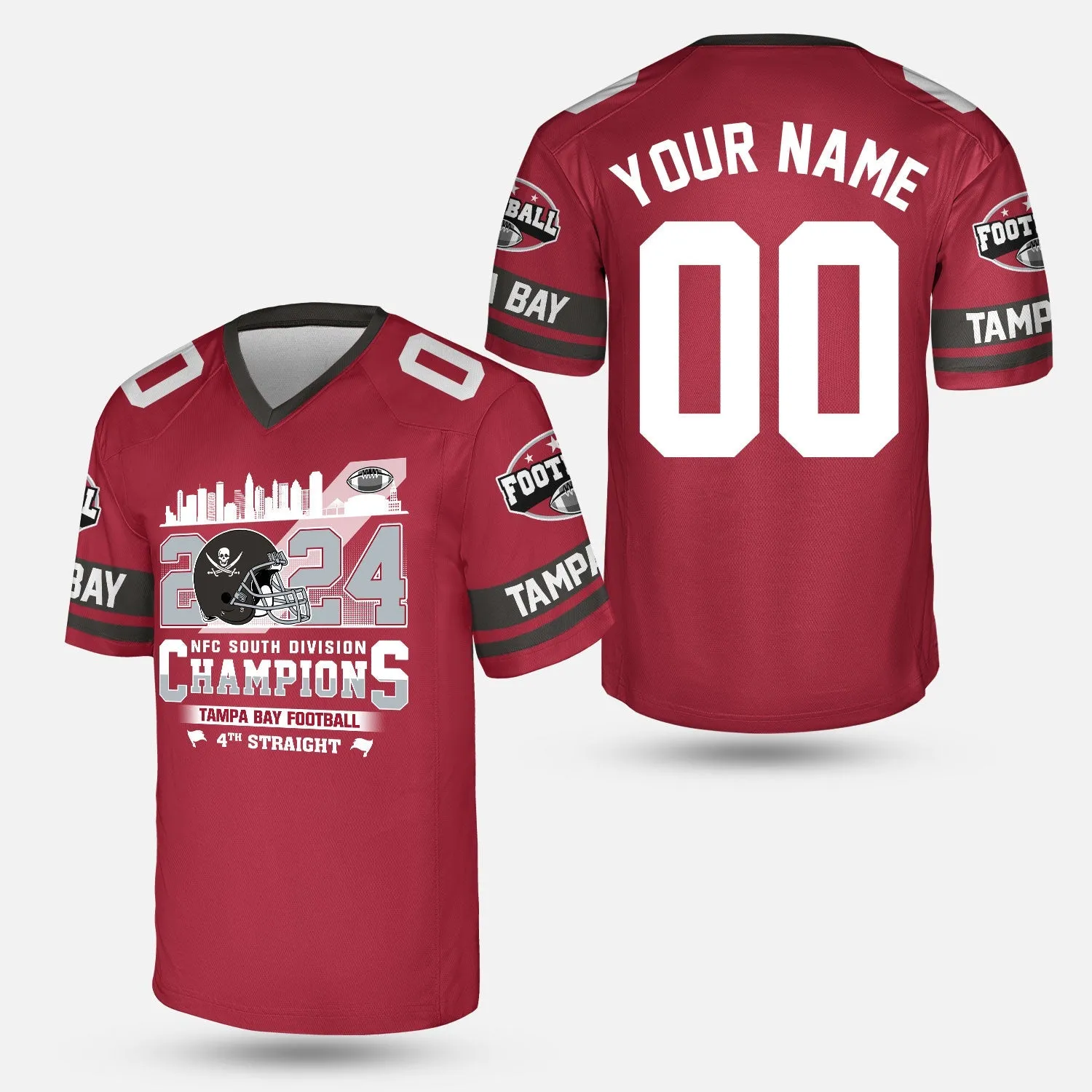 2024 Tampa Bay Football NFC South Division Champions Skyline Custom V-neck Jersey, 2024 NFC South Champs Custom Double Sided V-neck Jersey Shirts