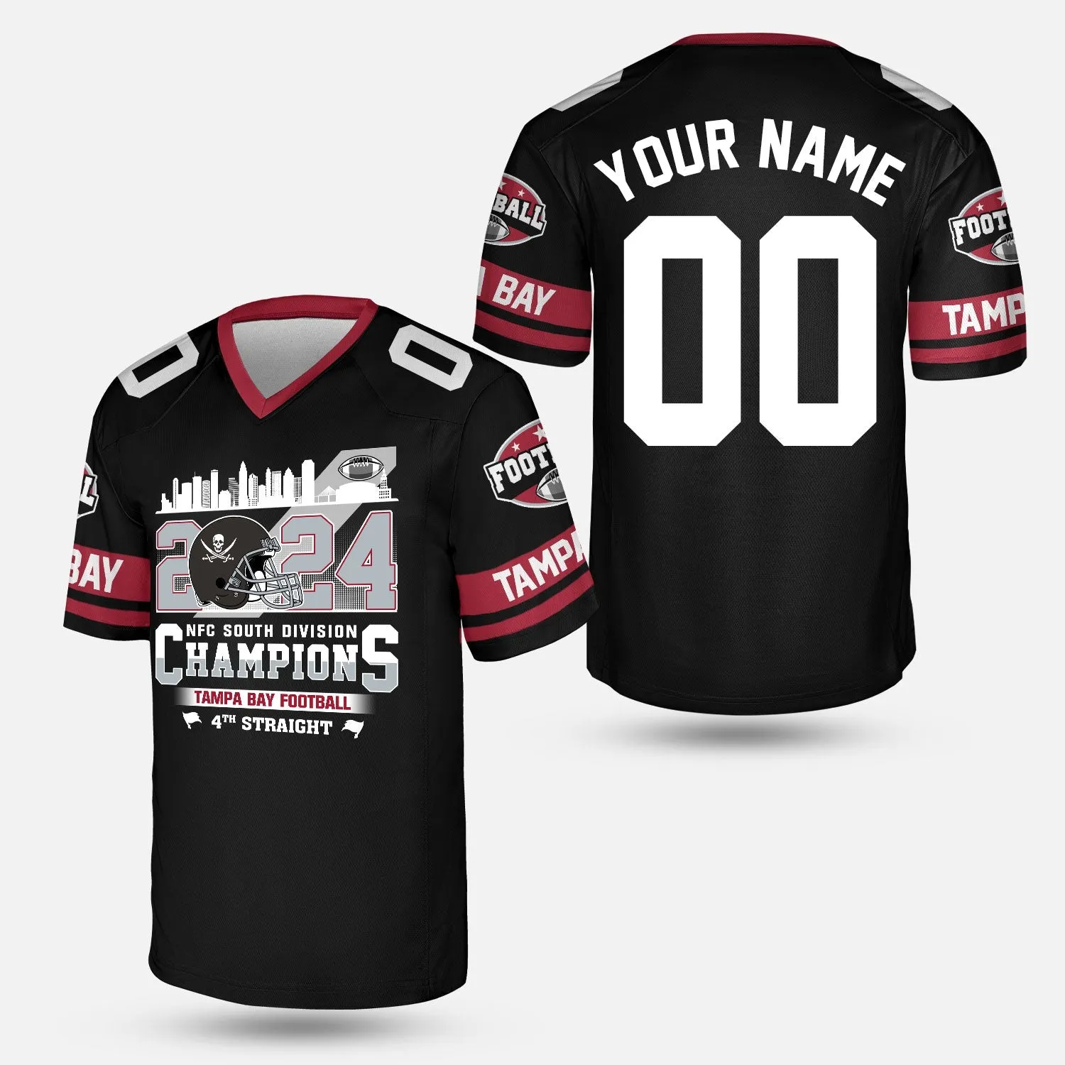 2024 Tampa Bay Football NFC South Division Champions Skyline Custom V-neck Jersey, 2024 NFC South Champs Custom Double Sided V-neck Jersey Shirts
