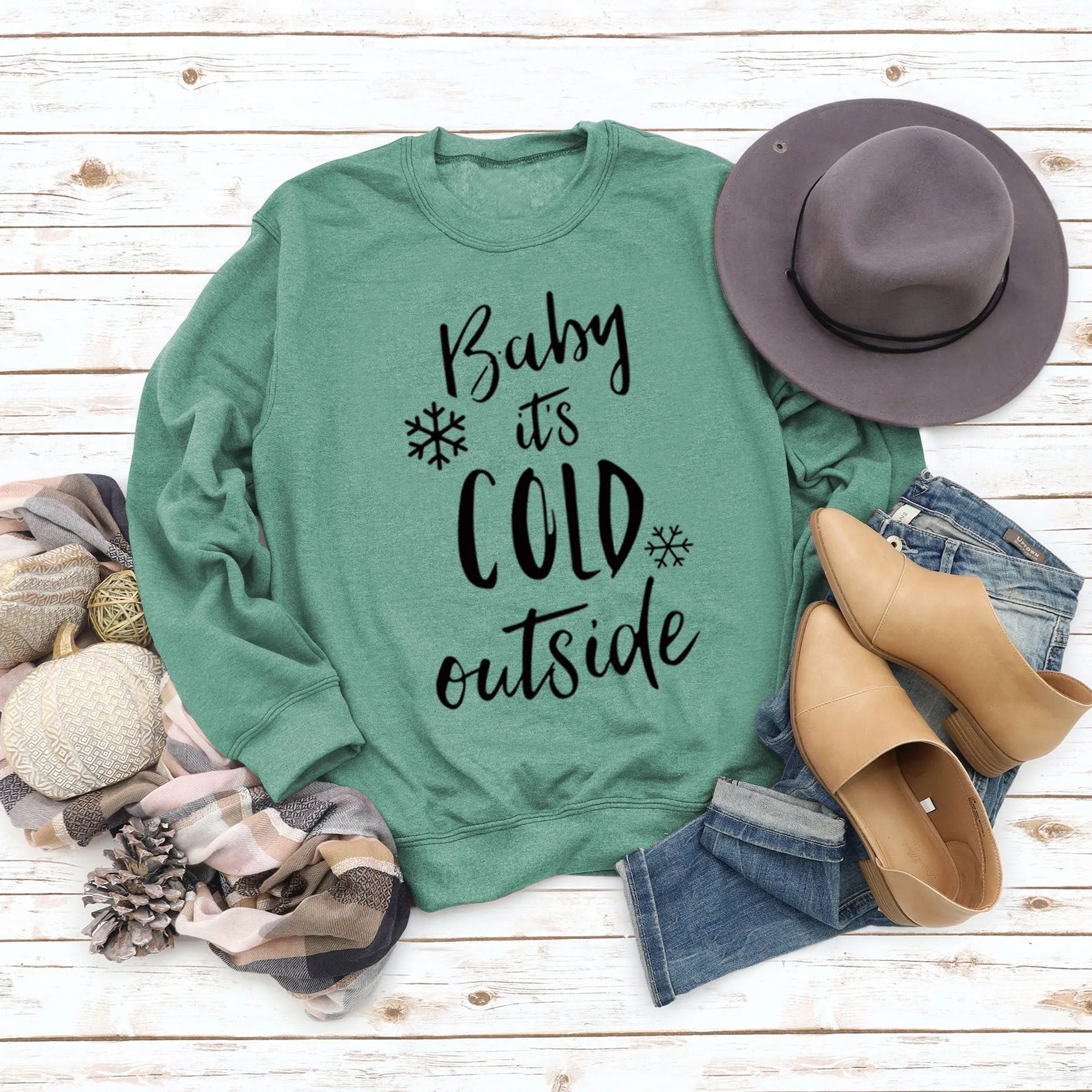 Baby It's Cold Outside Autumn and Winter Women Top Letter Print Round Neck Sweater