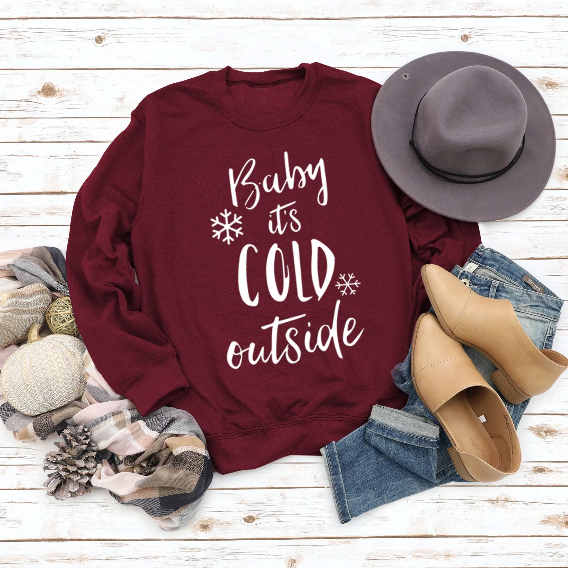 Baby It's Cold Outside Autumn and Winter Women Top Letter Print Round Neck Sweater
