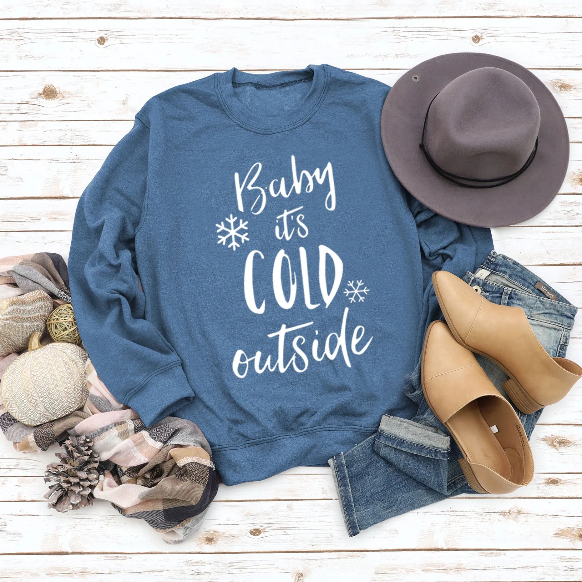 Baby It's Cold Outside Autumn and Winter Women Top Letter Print Round Neck Sweater