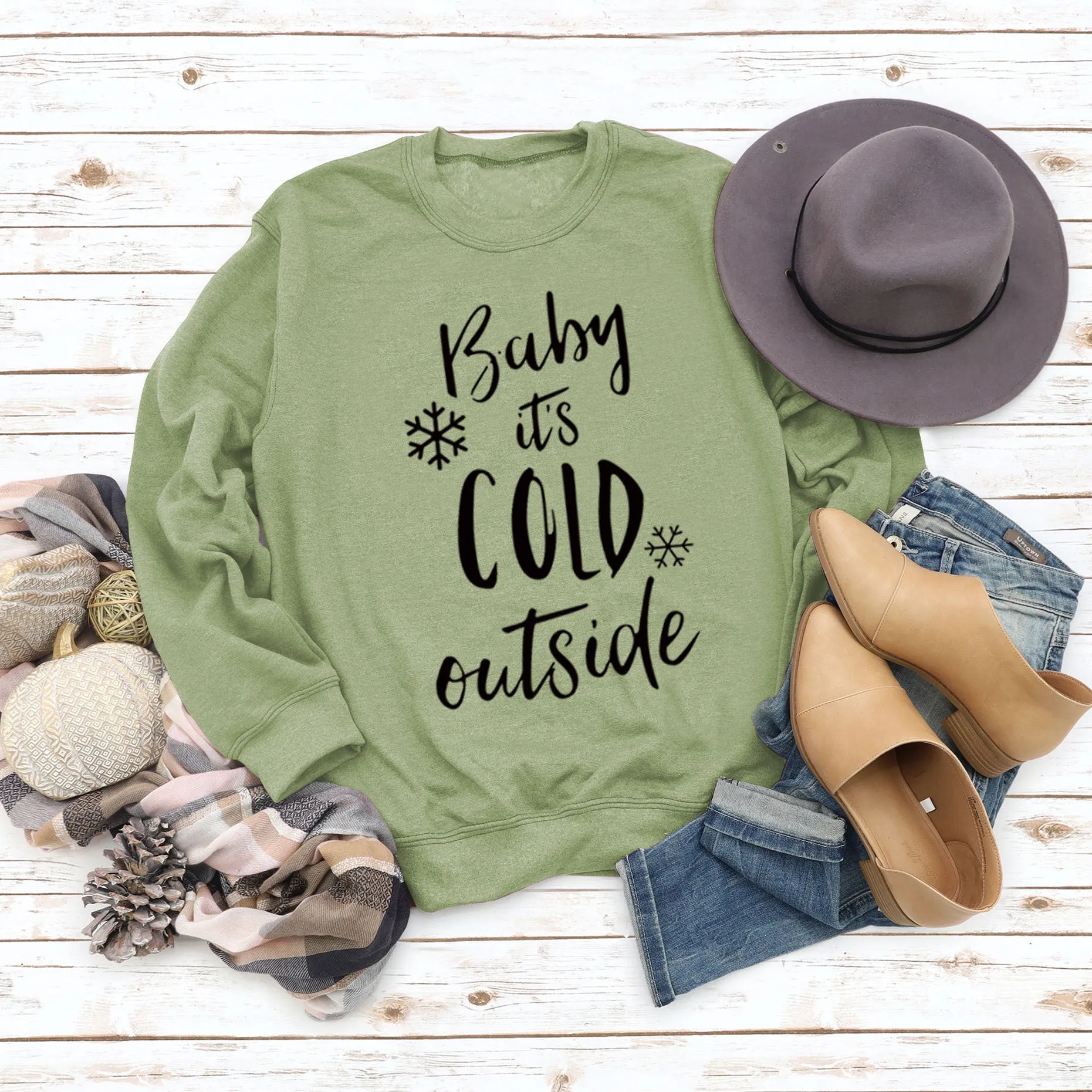 Baby It's Cold Outside Autumn and Winter Women Top Letter Print Round Neck Sweater
