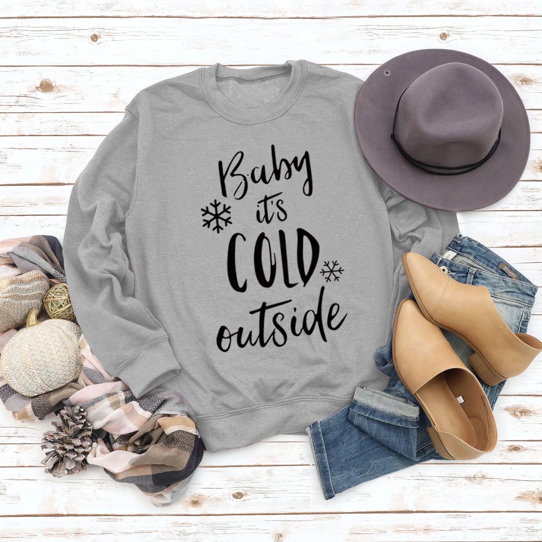 Baby It's Cold Outside Autumn and Winter Women Top Letter Print Round Neck Sweater