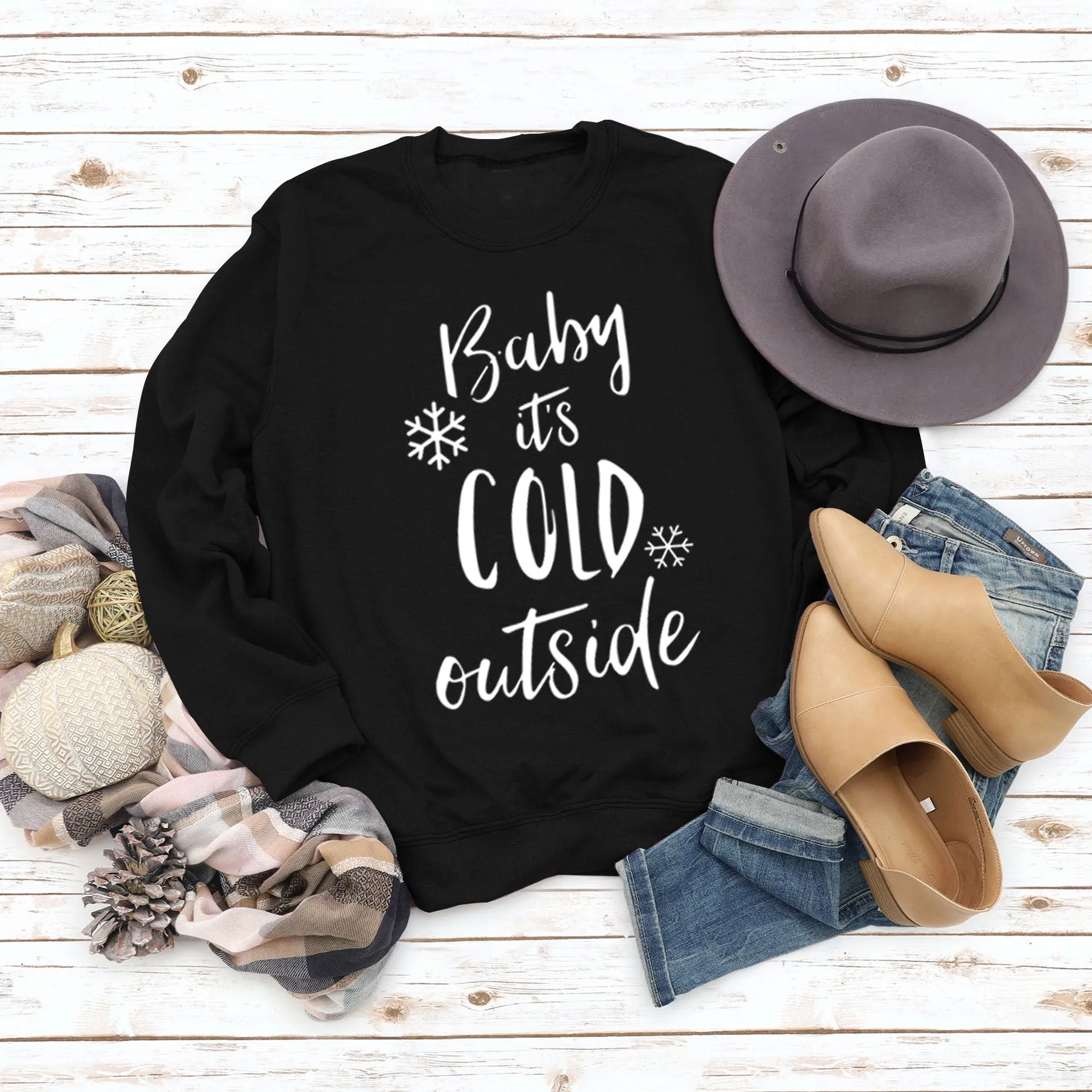 Baby It's Cold Outside Autumn and Winter Women Top Letter Print Round Neck Sweater