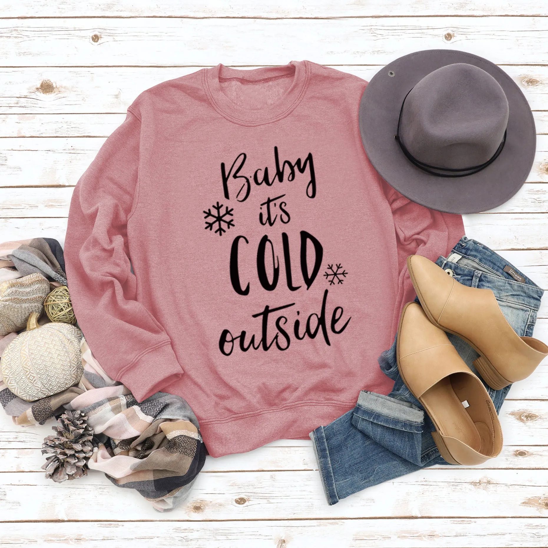 Baby It's Cold Outside Autumn and Winter Women Top Letter Print Round Neck Sweater