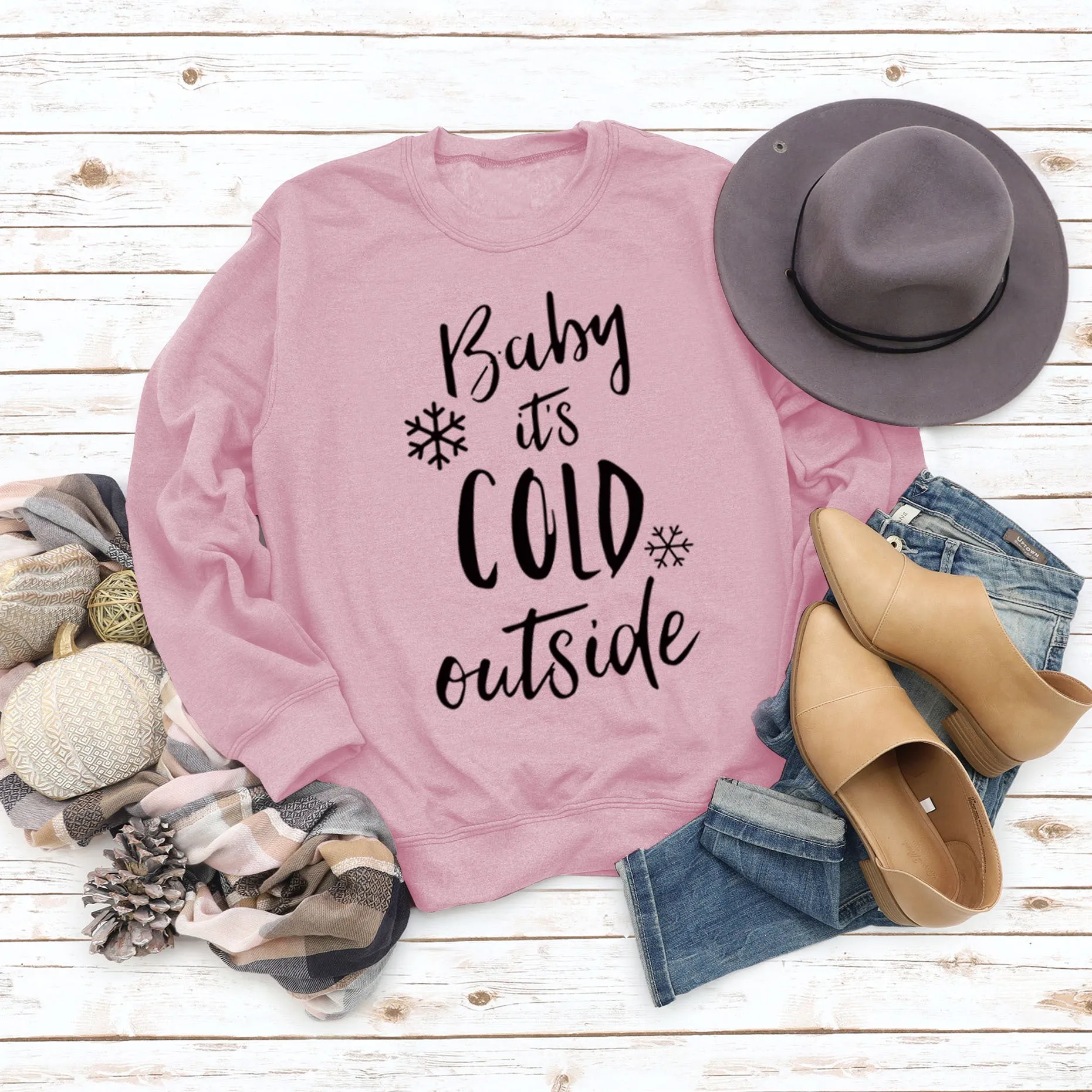 Baby It's Cold Outside Autumn and Winter Women Top Letter Print Round Neck Sweater