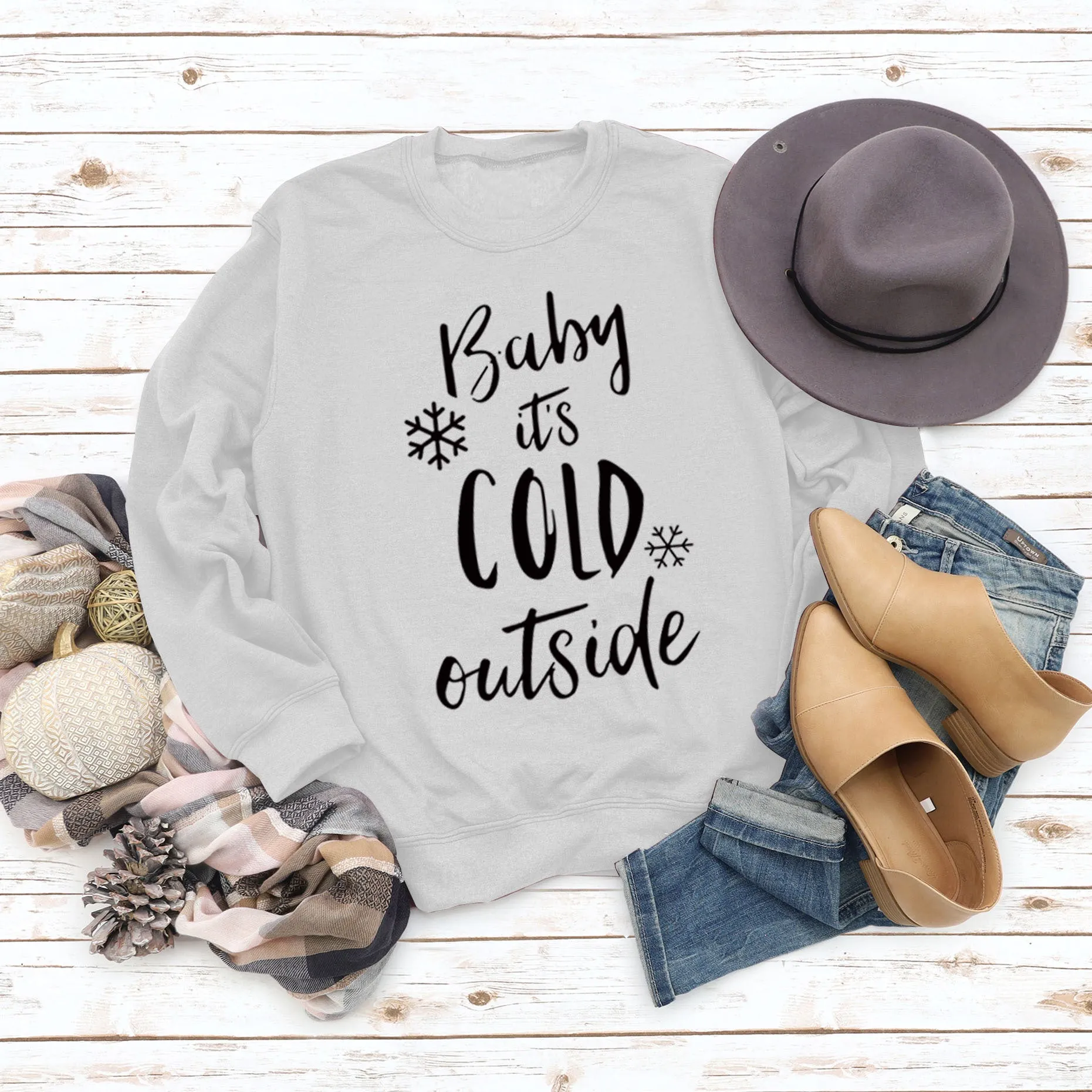 Baby It's Cold Outside Autumn and Winter Women Top Letter Print Round Neck Sweater