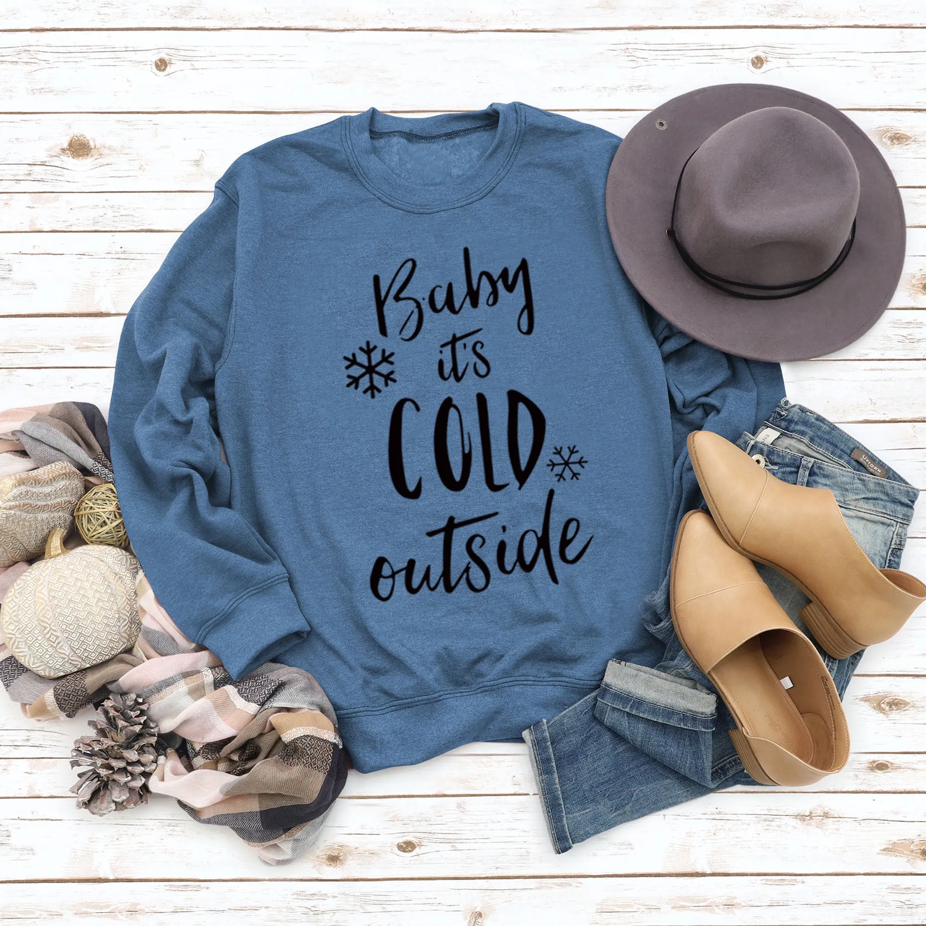 Baby It's Cold Outside Autumn and Winter Women Top Letter Print Round Neck Sweater