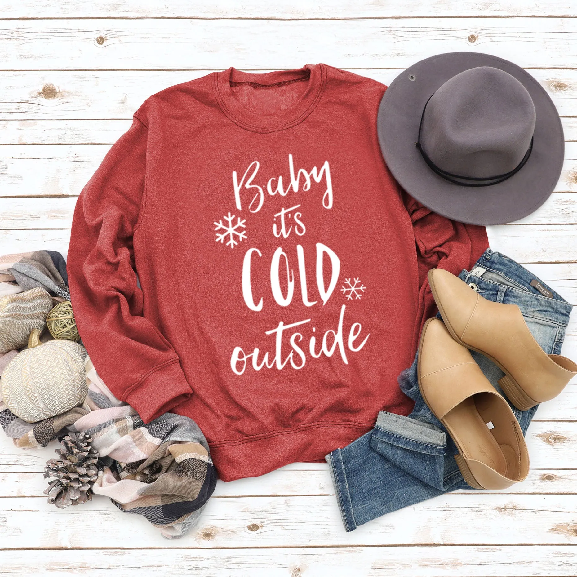 Baby It's Cold Outside Autumn and Winter Women Top Letter Print Round Neck Sweater