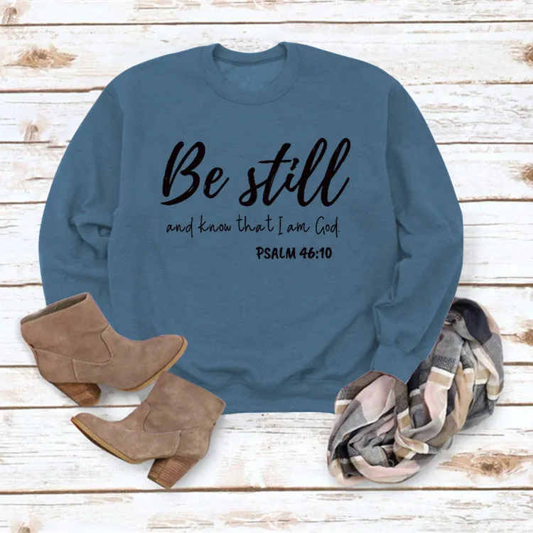 Be Still and Know Letter Print Round Neck Loose Long Sleeve Top Plus Size Pullover Fashion Sweater Girl