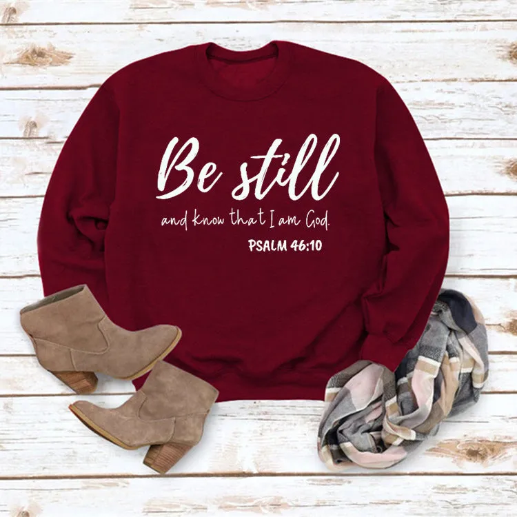 Be Still and Know Letter Print Round Neck Loose Long Sleeve Top Plus Size Pullover Fashion Sweater Girl