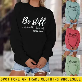 Be Still and Know Letter Print Round Neck Loose Long Sleeve Top Plus Size Pullover Fashion Sweater Girl