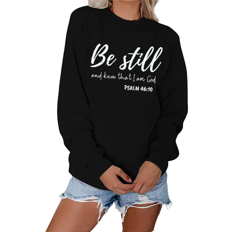 Be Still and Know Letter Print Round Neck Loose Long Sleeve Top Plus Size Pullover Fashion Sweater Girl