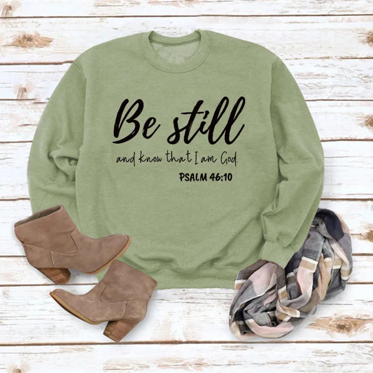 Be Still and Know Letter Print Round Neck Loose Long Sleeve Top Plus Size Pullover Fashion Sweater Girl