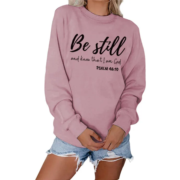 Be Still and Know Letter Print Round Neck Loose Long Sleeve Top Plus Size Pullover Fashion Sweater Girl