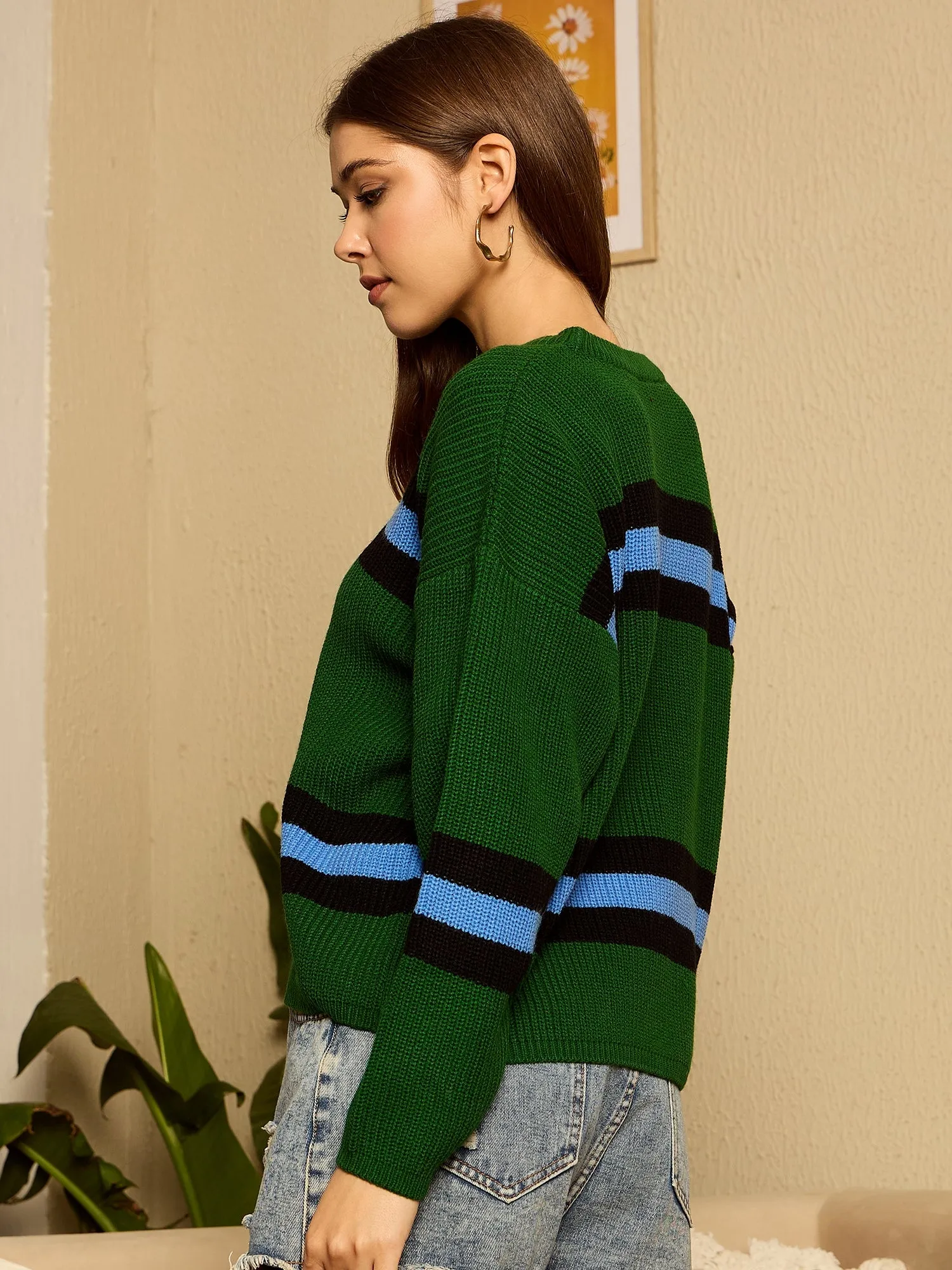 Berrylush Women Green Striped Round Neck Full Sleeve Regular Knitted Pullover