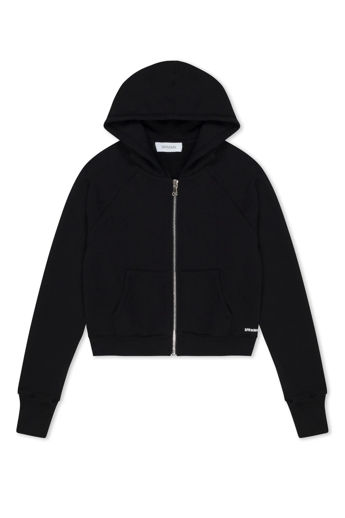 Black Cotton Shrunken Zip Up Hoodie