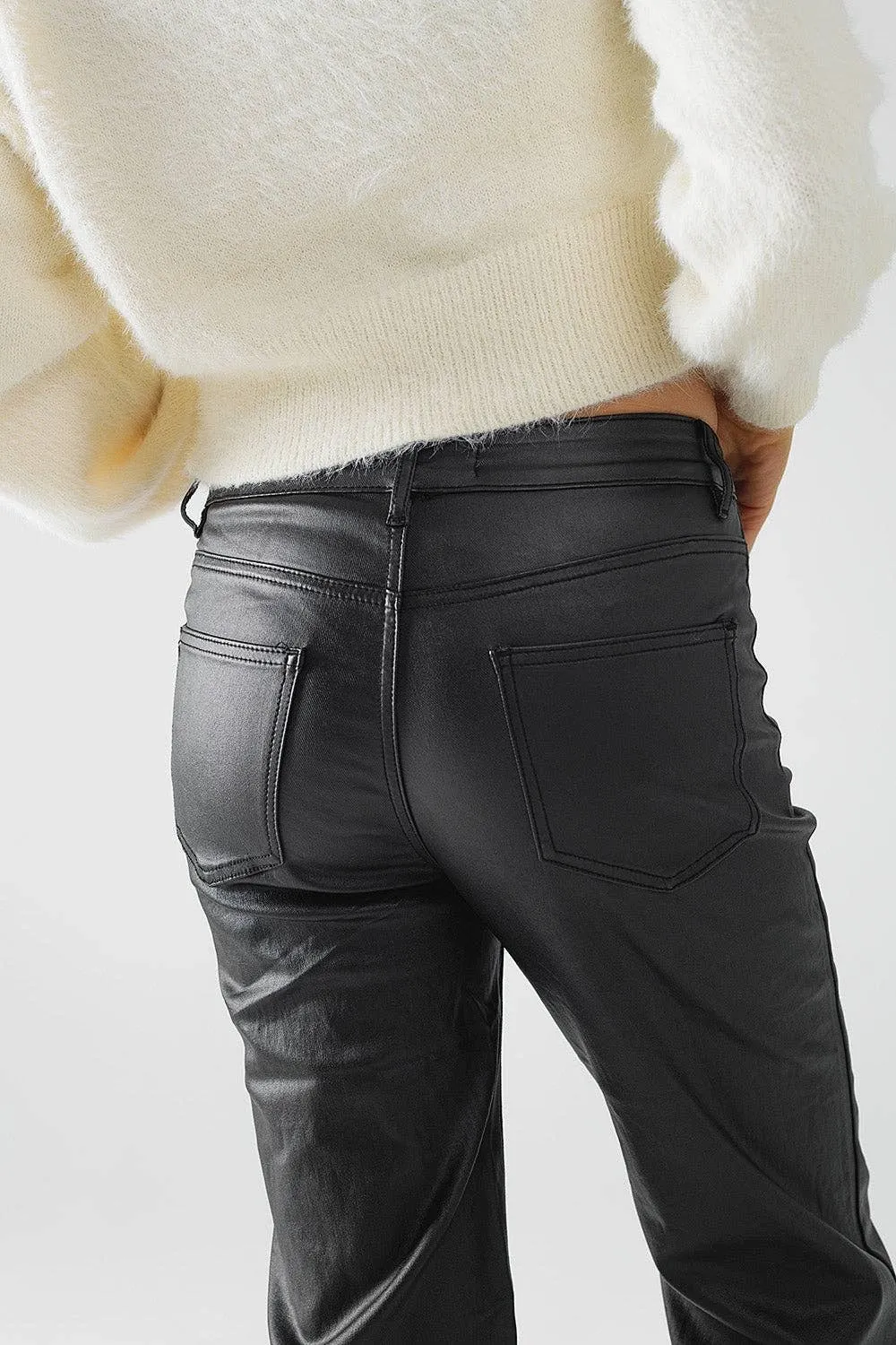 Black Faux Leather Trousers With Button Detail