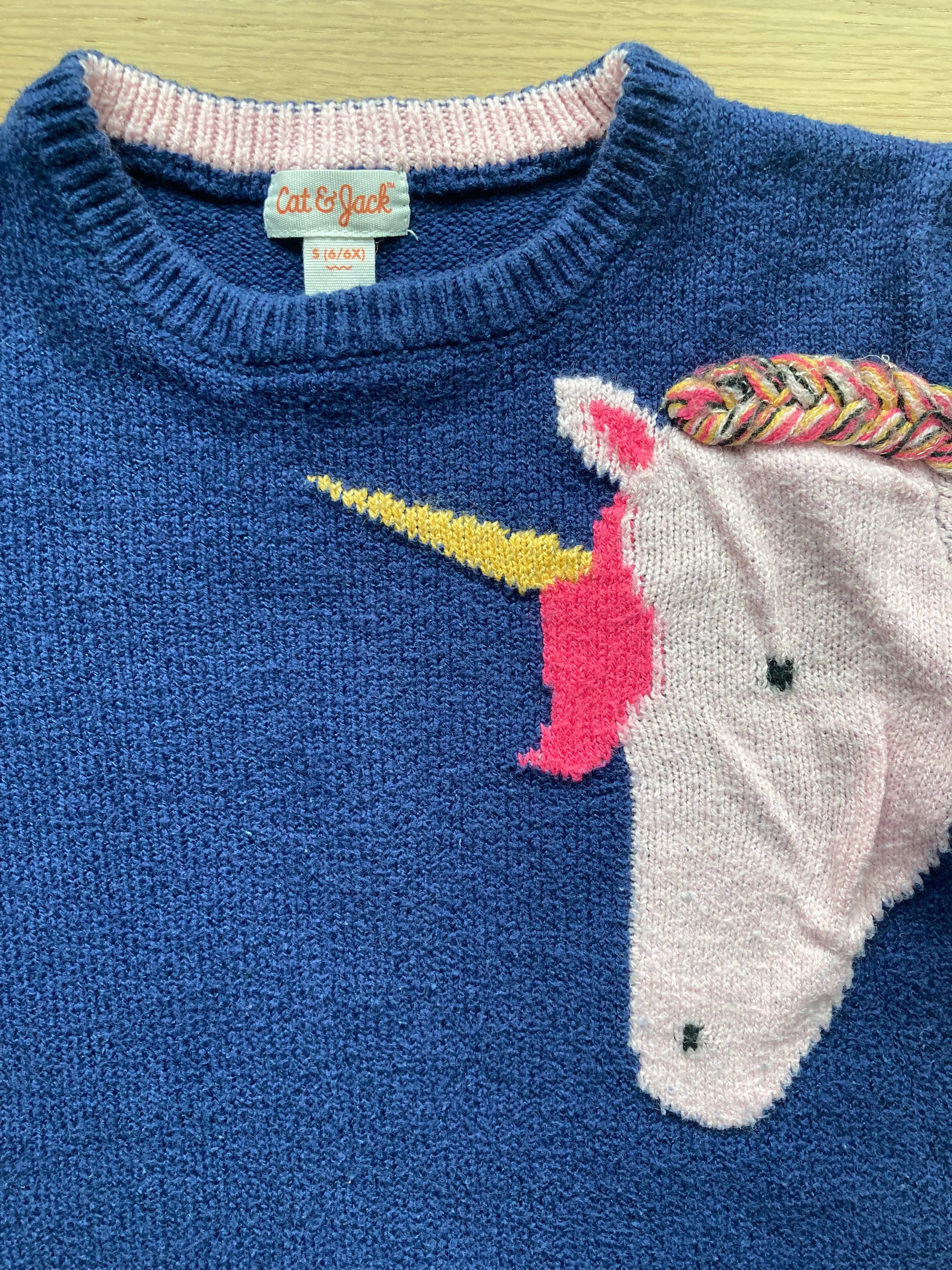 Braided Unicorn Navy Blue Sweater, Size 6, Kids 6/6X (extra small)