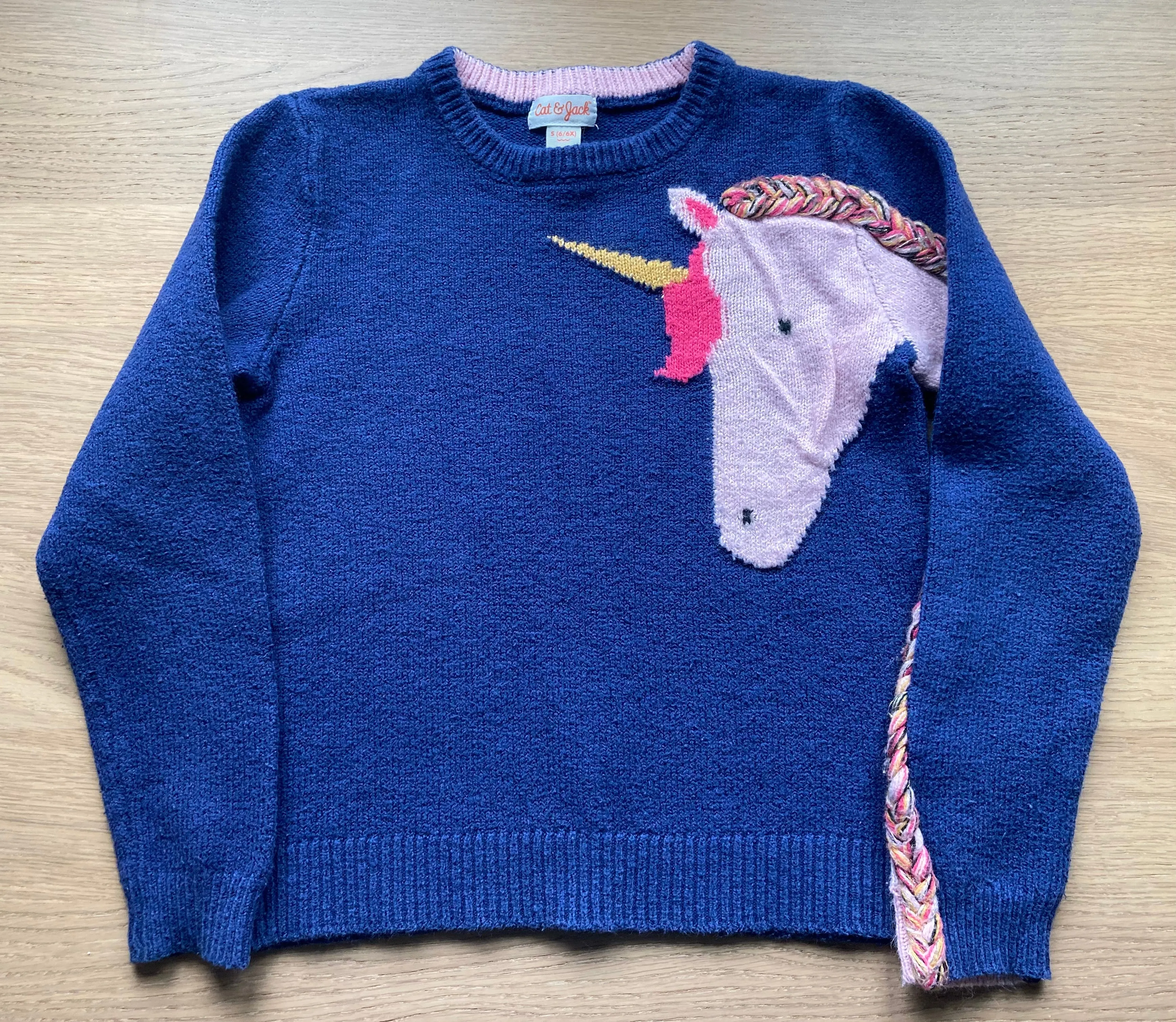Braided Unicorn Navy Blue Sweater, Size 6, Kids 6/6X (extra small)