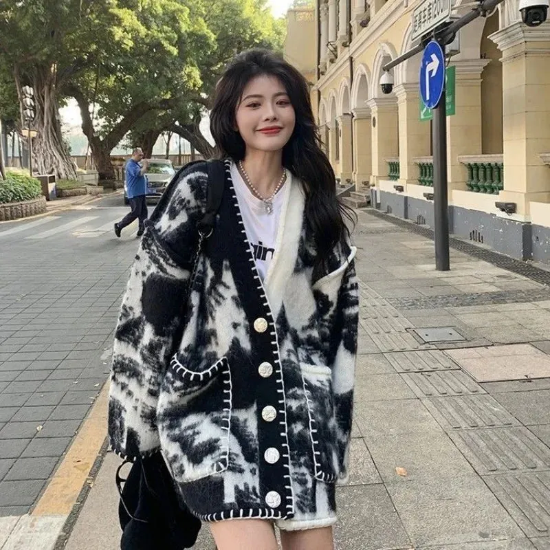 Button Front Cozy Warm V-neck Printed Cardigan Sweaters - Ailime Designs