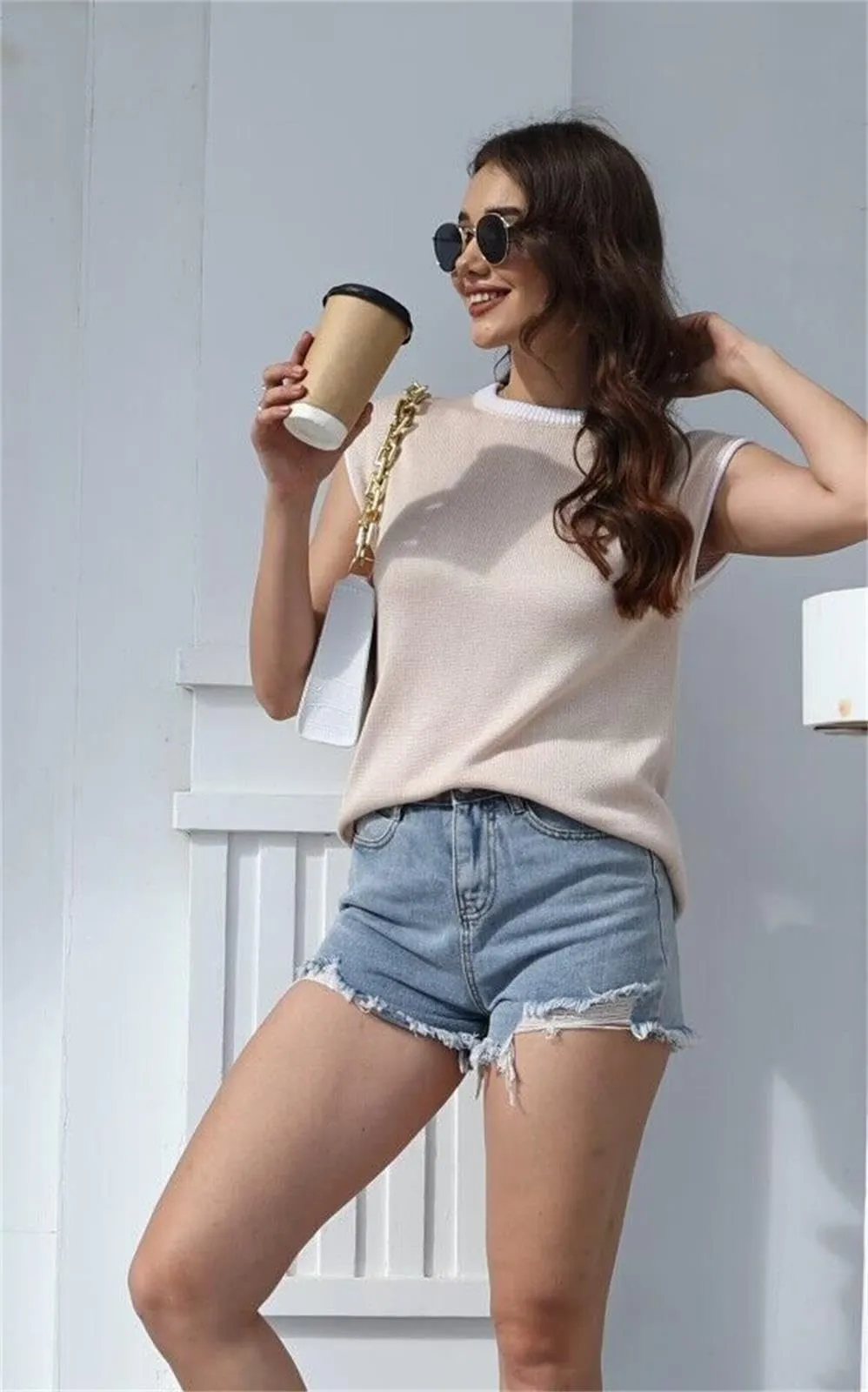 Cap Sleeve Knit Sweater Tops Sleeveless Vest Summer Tops 2024 Clothes Oversized Tank Tops Trendy T Shirts A Apricot