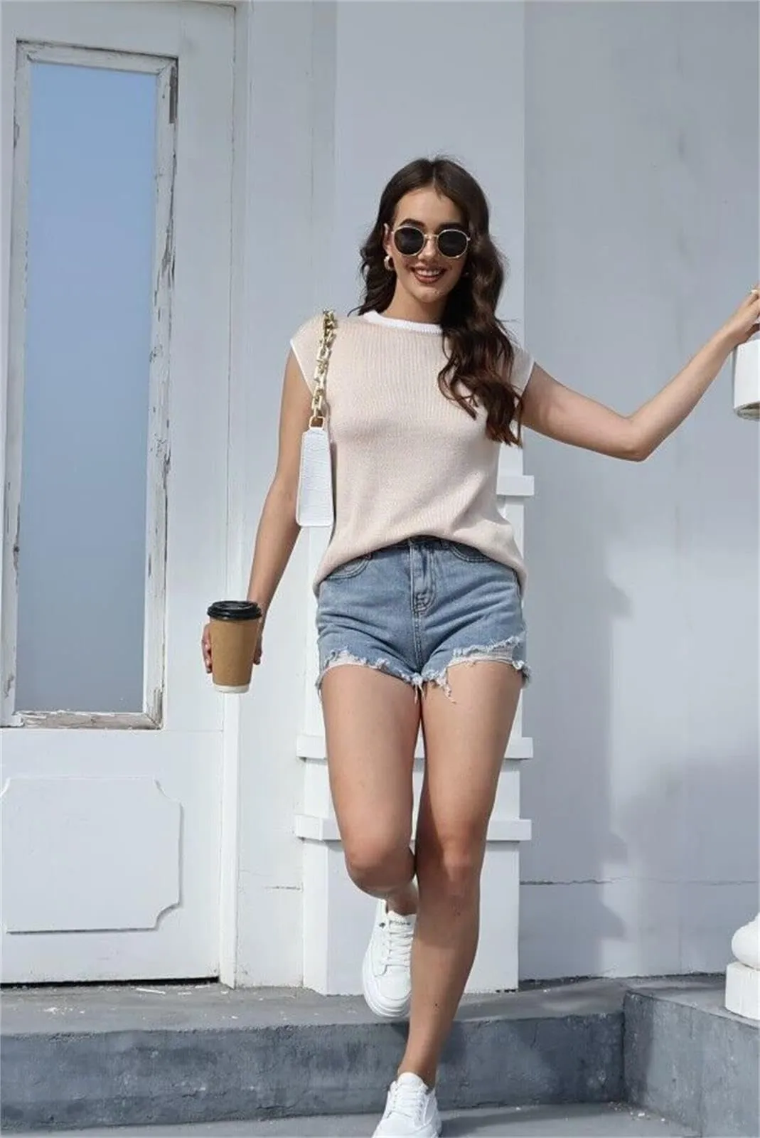 Cap Sleeve Knit Sweater Tops Sleeveless Vest Summer Tops 2024 Clothes Oversized Tank Tops Trendy T Shirts A Apricot