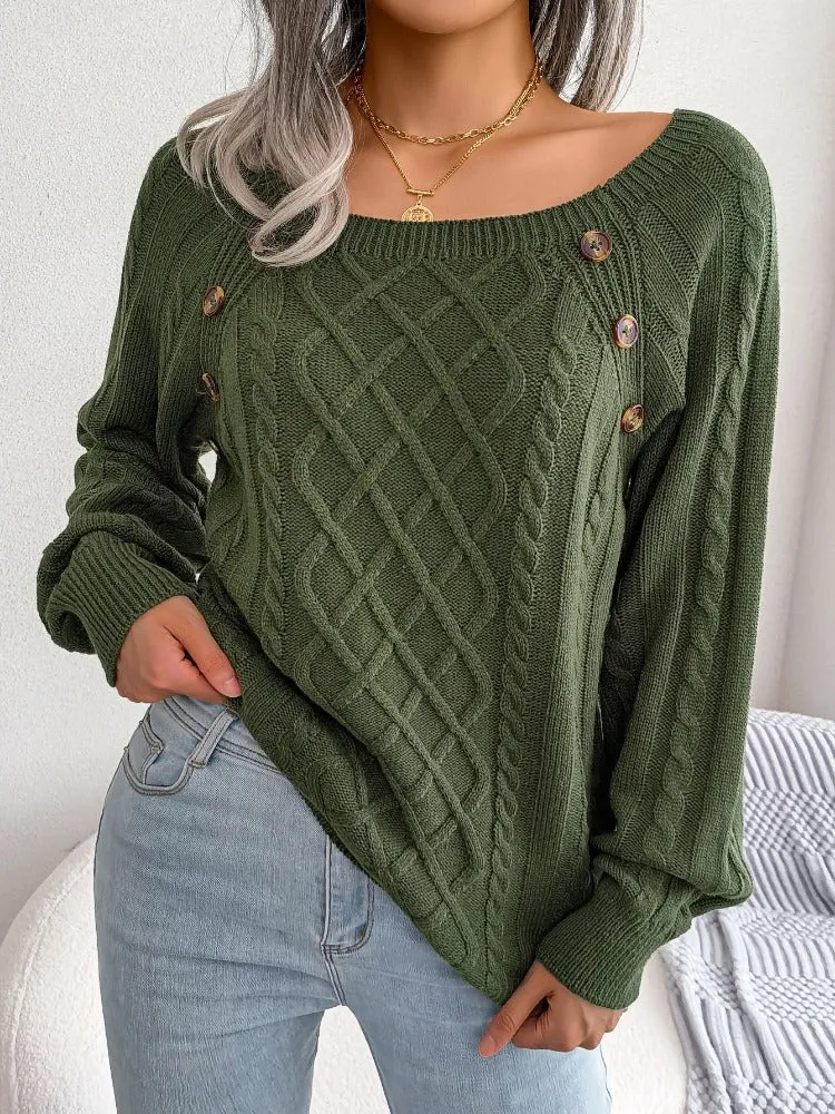 Casual Square Collar Knitted Pullovers and Sweaters for Women: Long Sleeve, Buttons, Ideal for Autumn and Winter
