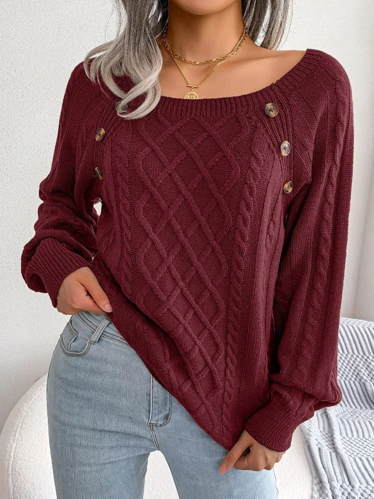 Casual Square Collar Knitted Pullovers and Sweaters for Women: Long Sleeve, Buttons, Ideal for Autumn and Winter