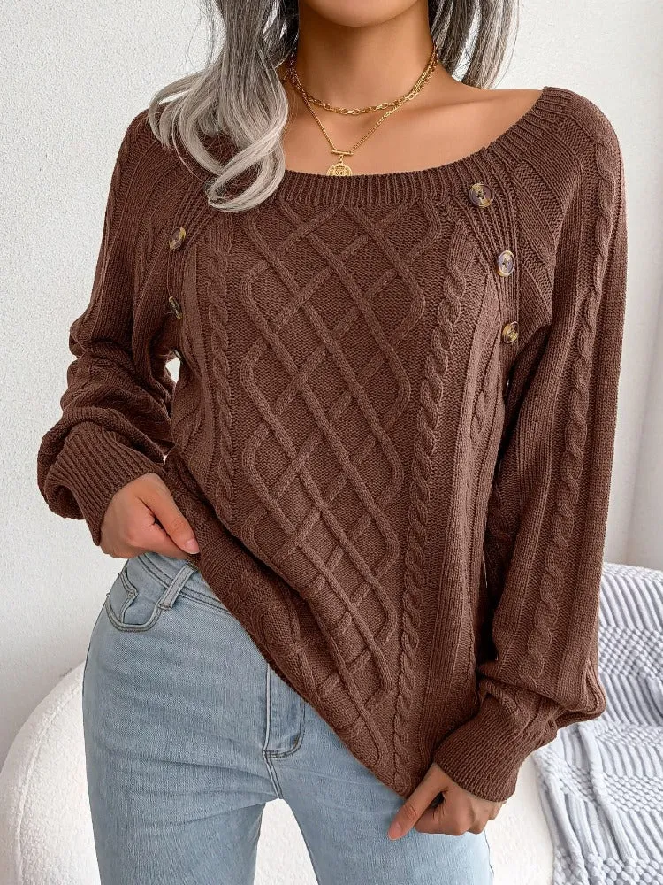 Casual Square Collar Knitted Pullovers and Sweaters for Women: Long Sleeve, Buttons, Ideal for Autumn and Winter