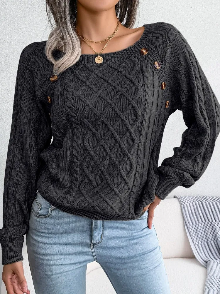 Casual Square Collar Knitted Pullovers and Sweaters for Women: Long Sleeve, Buttons, Ideal for Autumn and Winter
