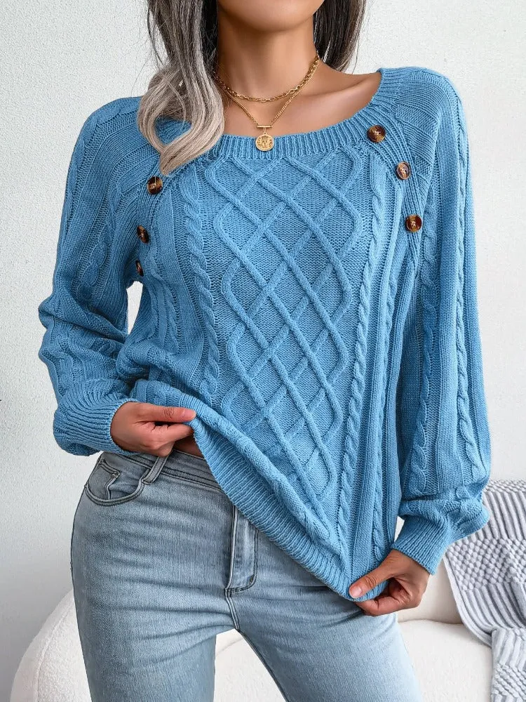 Casual Square Collar Knitted Pullovers and Sweaters for Women: Long Sleeve, Buttons, Ideal for Autumn and Winter