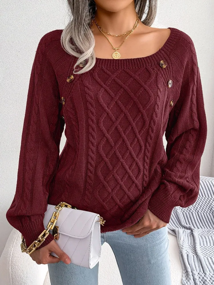 Casual Square Collar Knitted Pullovers and Sweaters for Women: Long Sleeve, Buttons, Ideal for Autumn and Winter