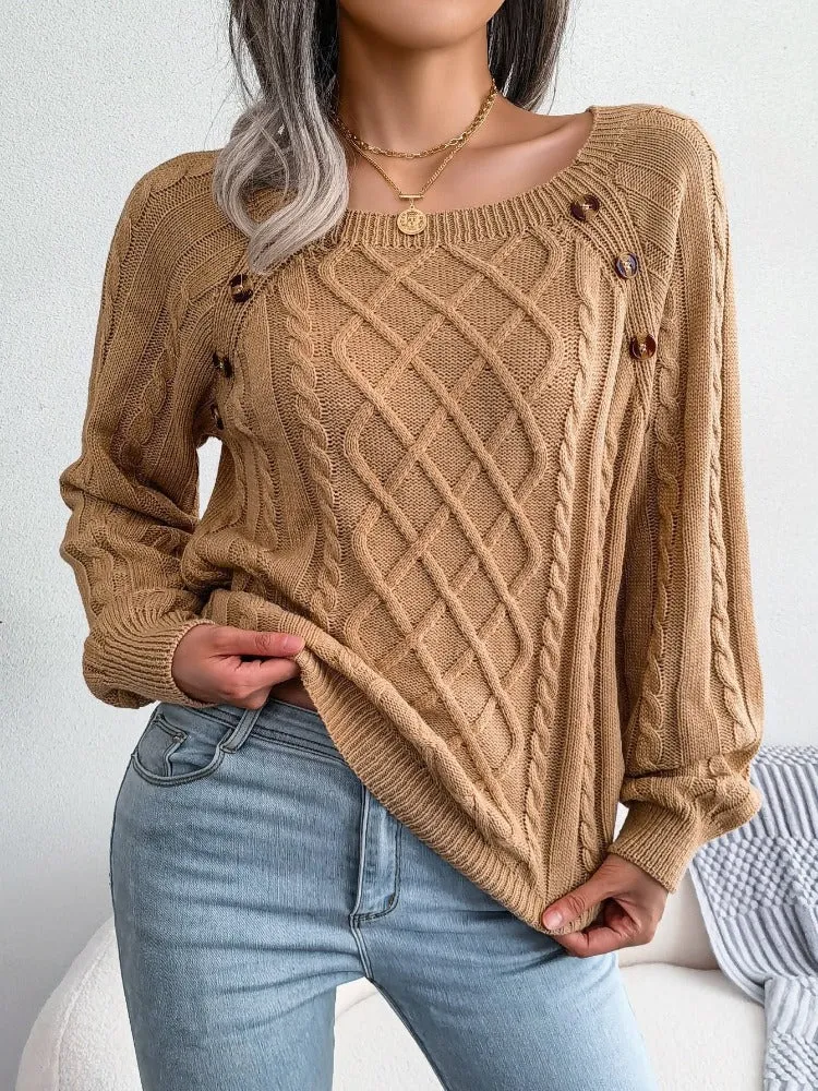 Casual Square Collar Knitted Pullovers and Sweaters for Women: Long Sleeve, Buttons, Ideal for Autumn and Winter