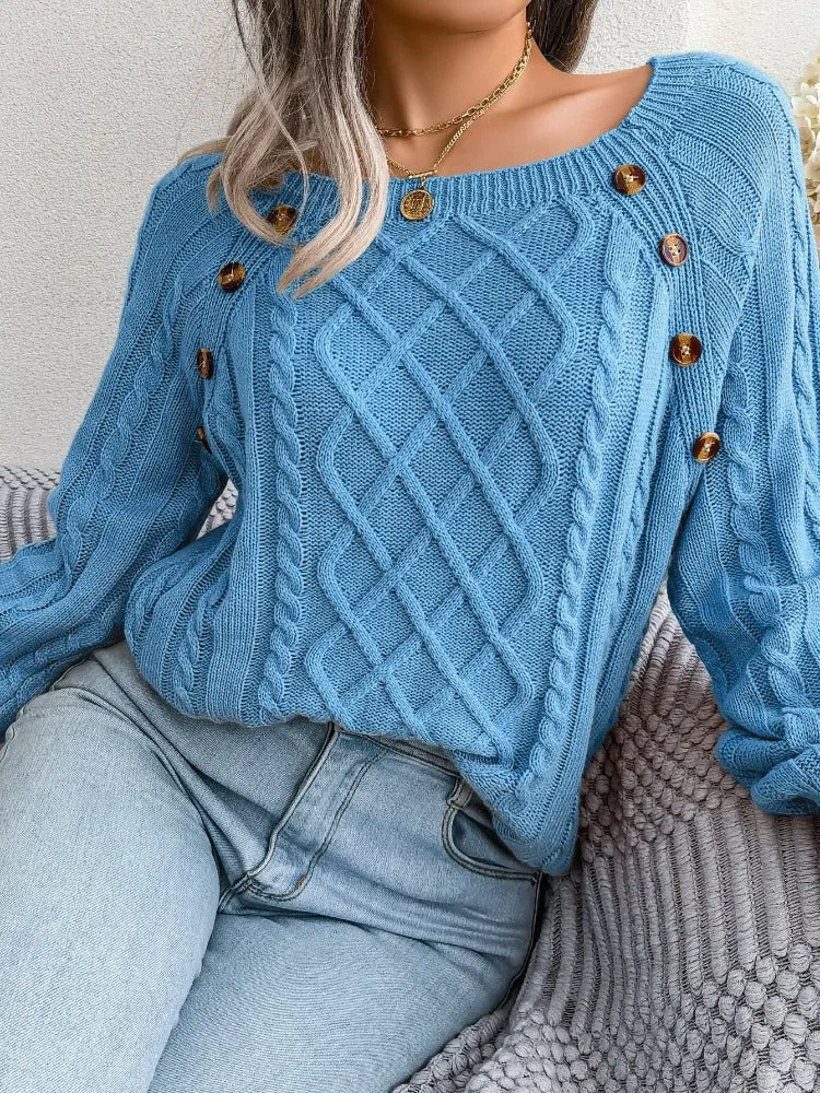Casual Square Collar Knitted Pullovers and Sweaters for Women: Long Sleeve, Buttons, Ideal for Autumn and Winter