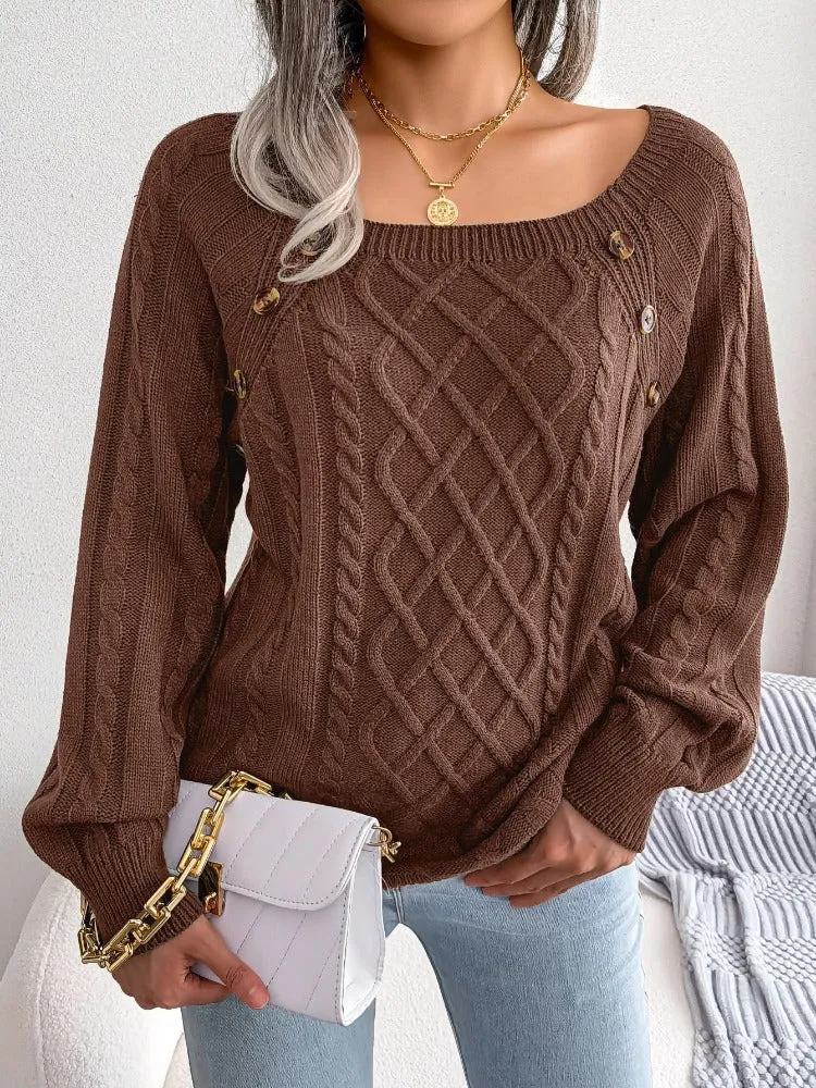 Casual Square Collar Knitted Pullovers and Sweaters for Women: Long Sleeve, Buttons, Ideal for Autumn and Winter