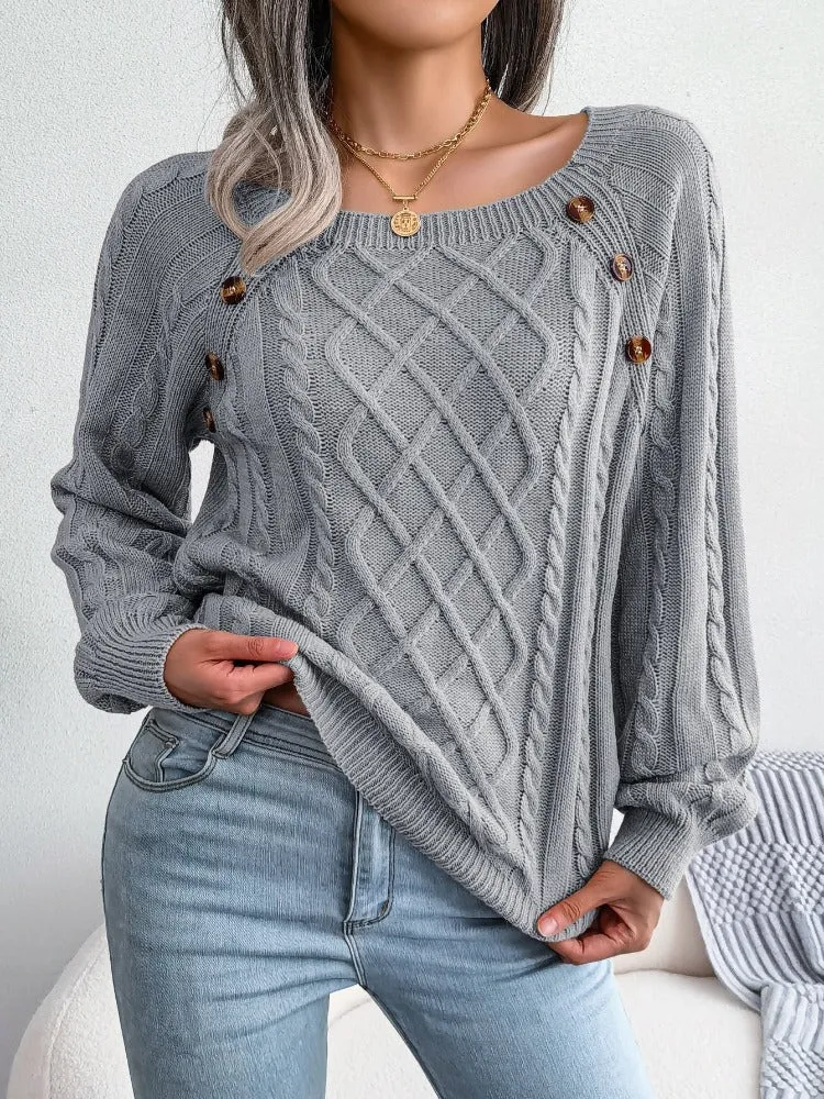 Casual Square Collar Knitted Pullovers and Sweaters for Women: Long Sleeve, Buttons, Ideal for Autumn and Winter