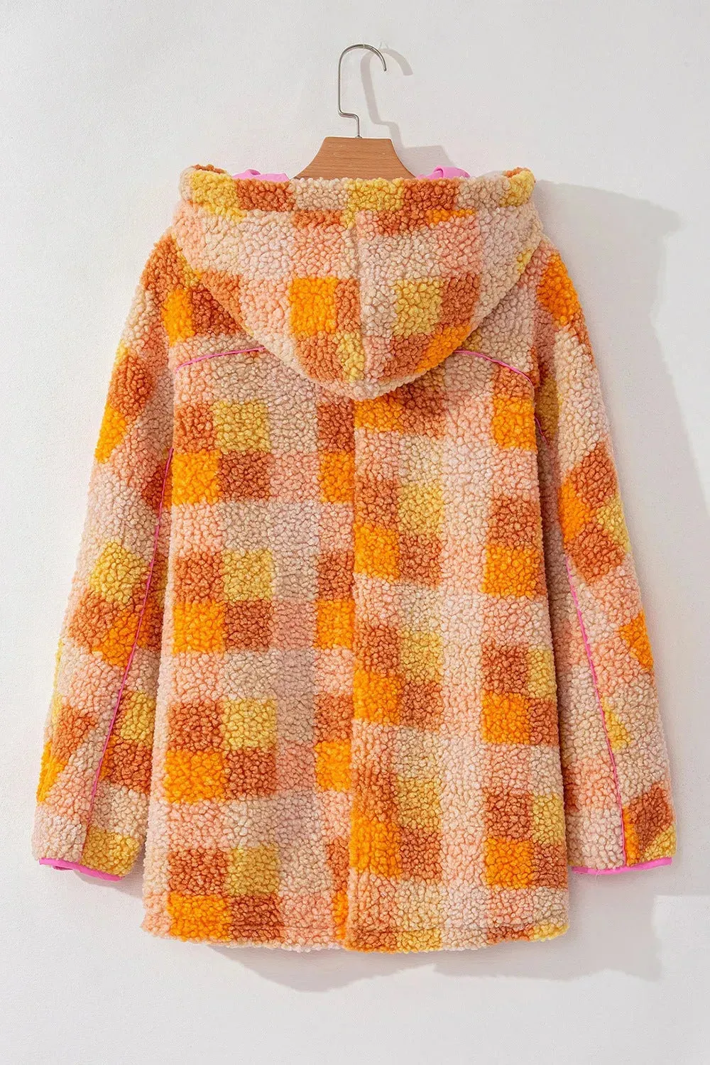 Checkered Long Sleeve Sherpa Hooded Jacket