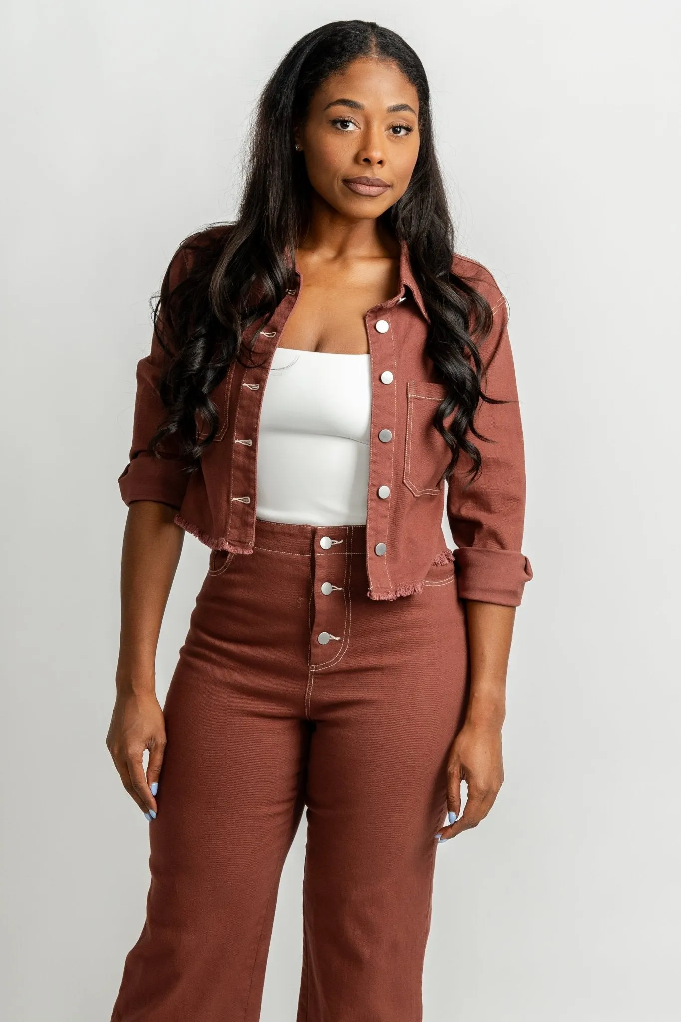 Contrast stitch shirt jacket plum