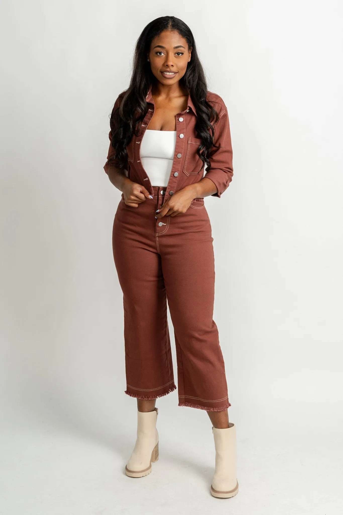 Contrast stitch shirt jacket plum