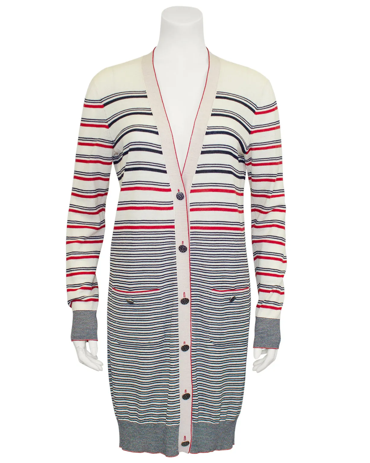 Cream, Black and Red Striped Knit Cardigan/Car Coat