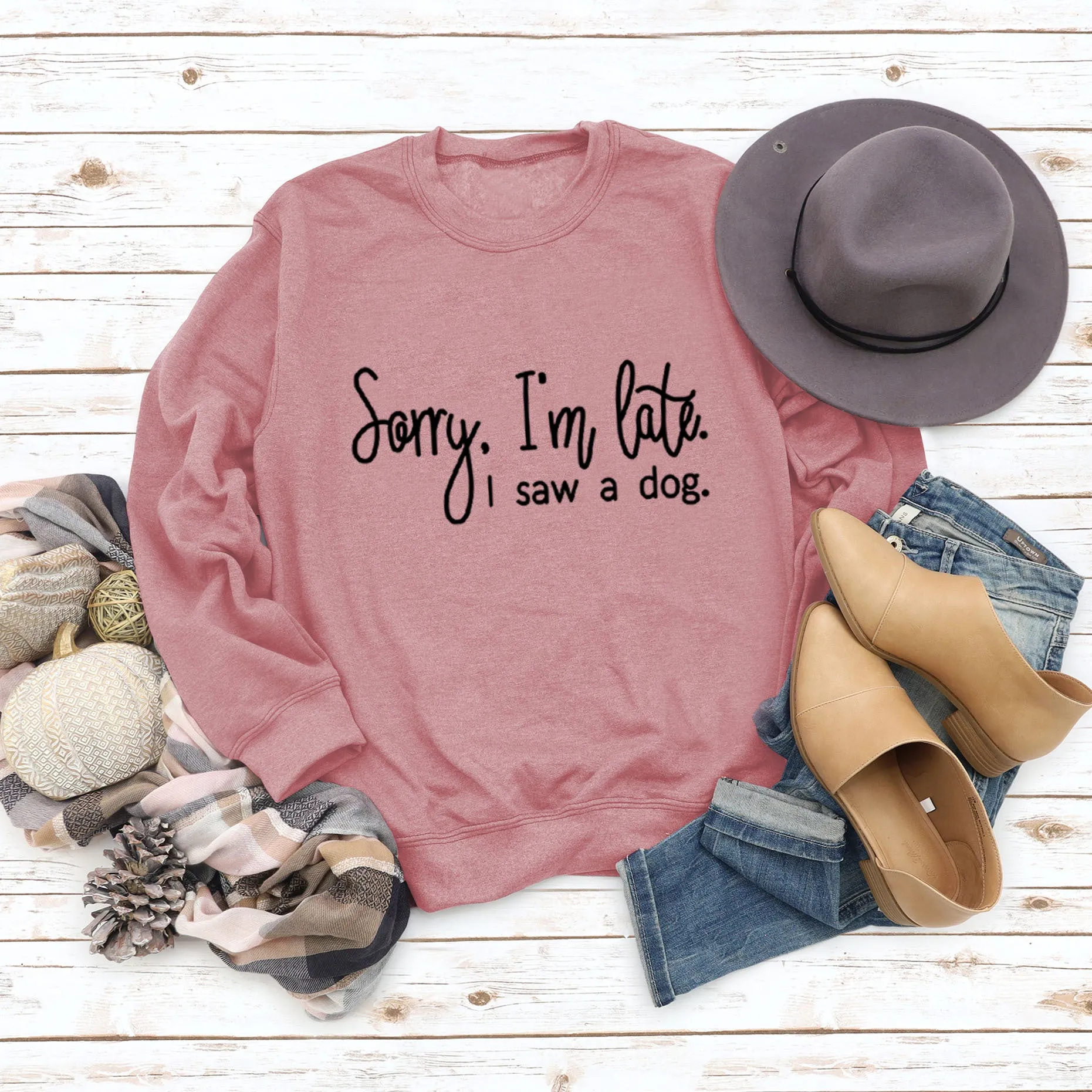 Cross Border Autumn and Winter Bottoming Long Sleeved Sorry I'm Late Letter Round Neck T-shirt Women's Sweater