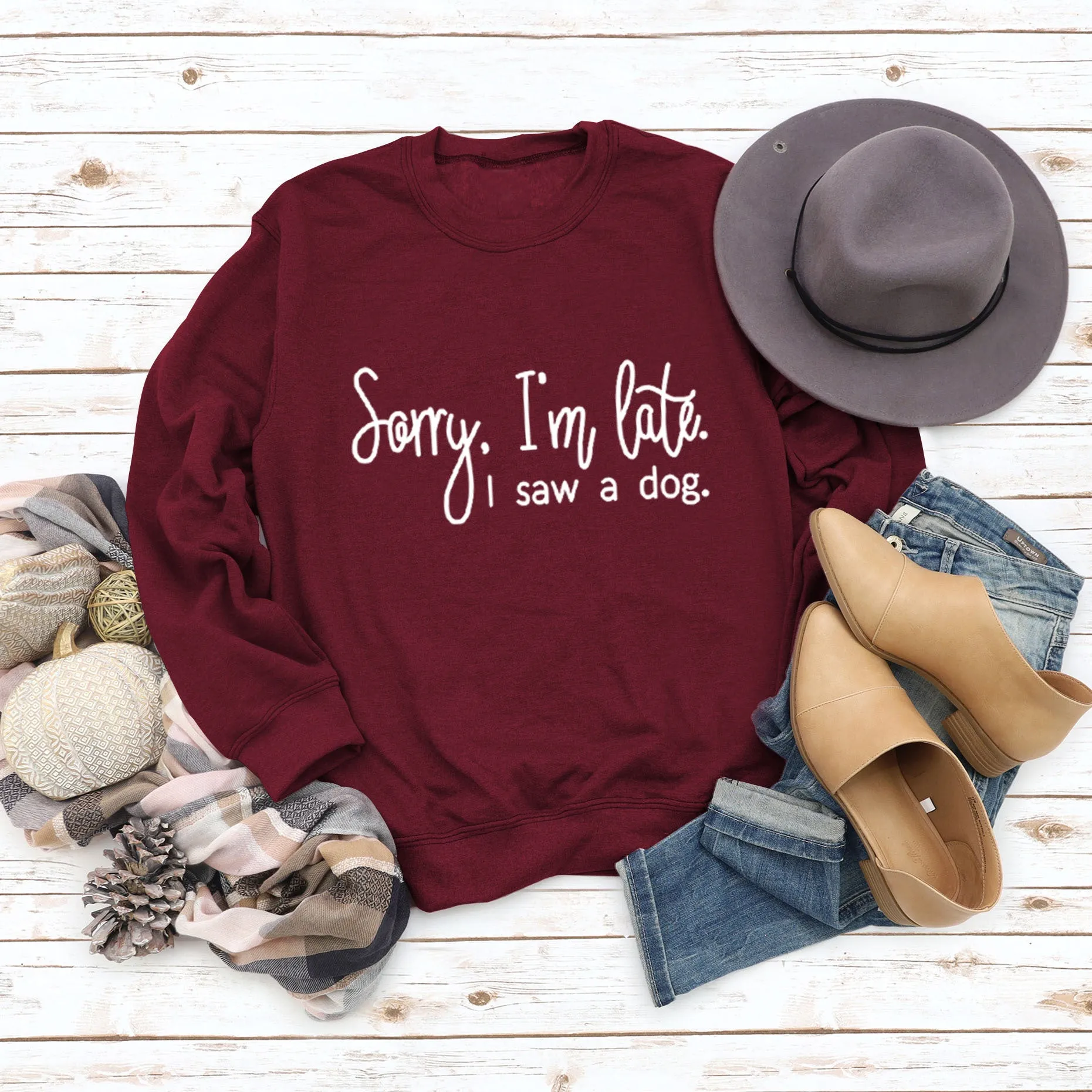Cross Border Autumn and Winter Bottoming Long Sleeved Sorry I'm Late Letter Round Neck T-shirt Women's Sweater