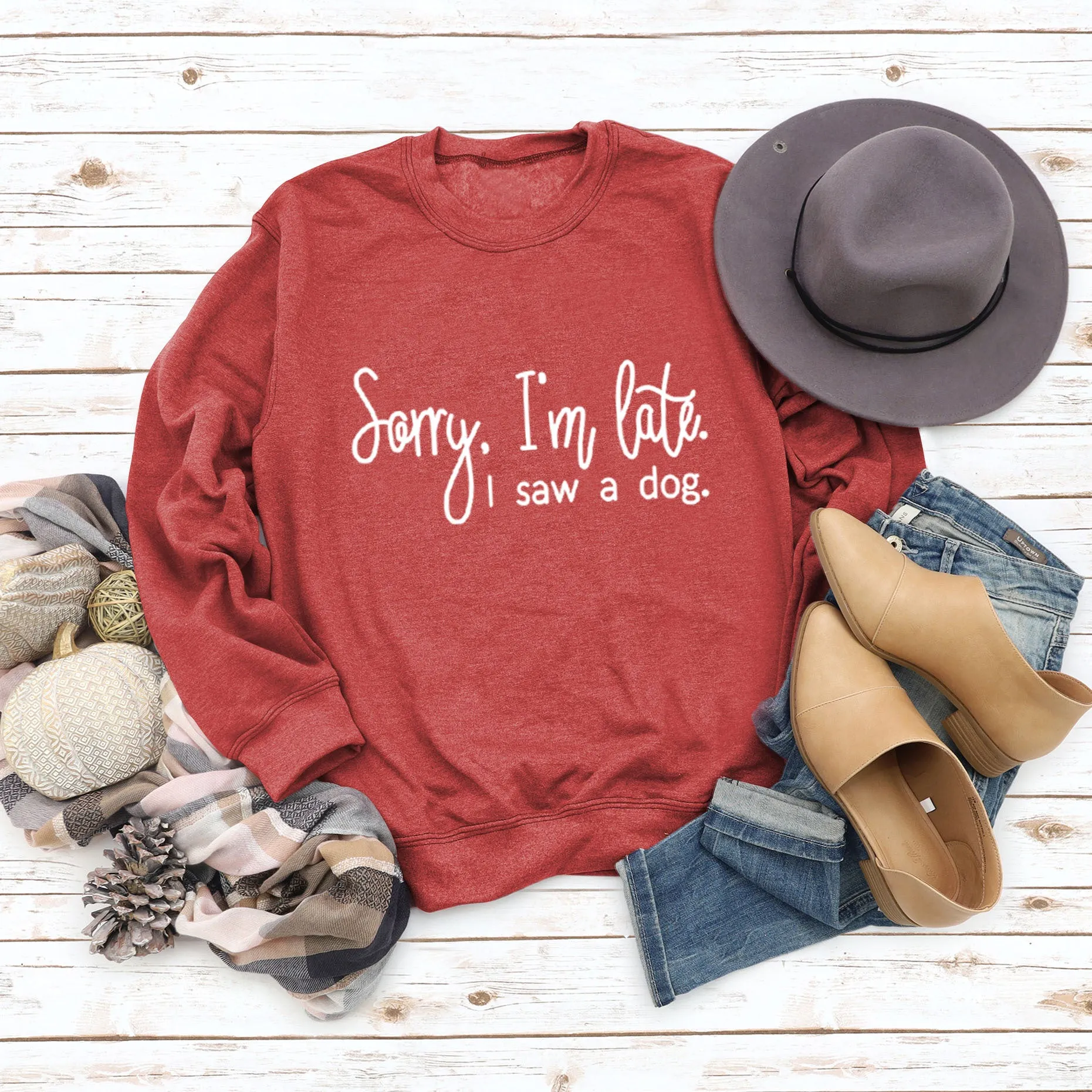 Cross Border Autumn and Winter Bottoming Long Sleeved Sorry I'm Late Letter Round Neck T-shirt Women's Sweater