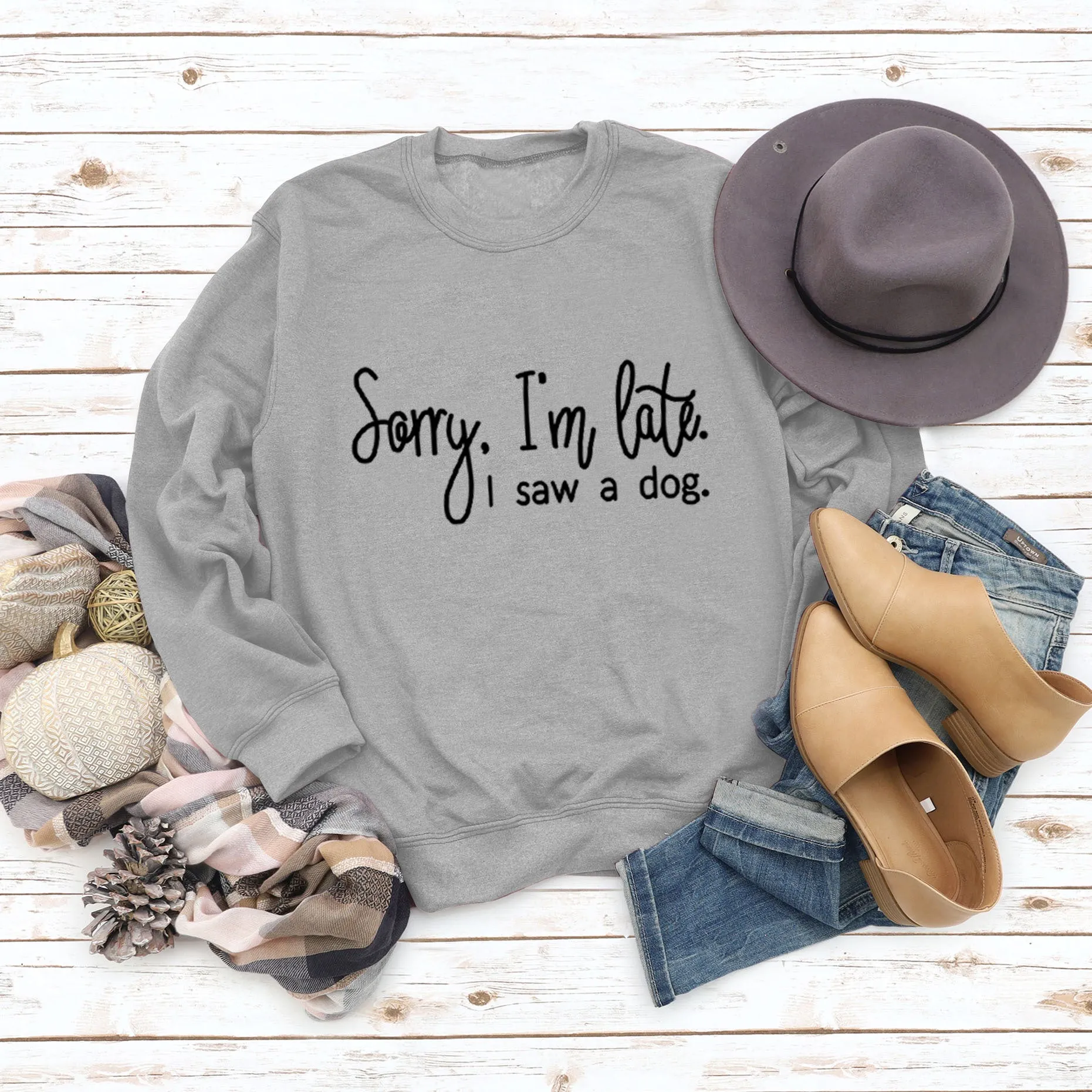 Cross Border Autumn and Winter Bottoming Long Sleeved Sorry I'm Late Letter Round Neck T-shirt Women's Sweater