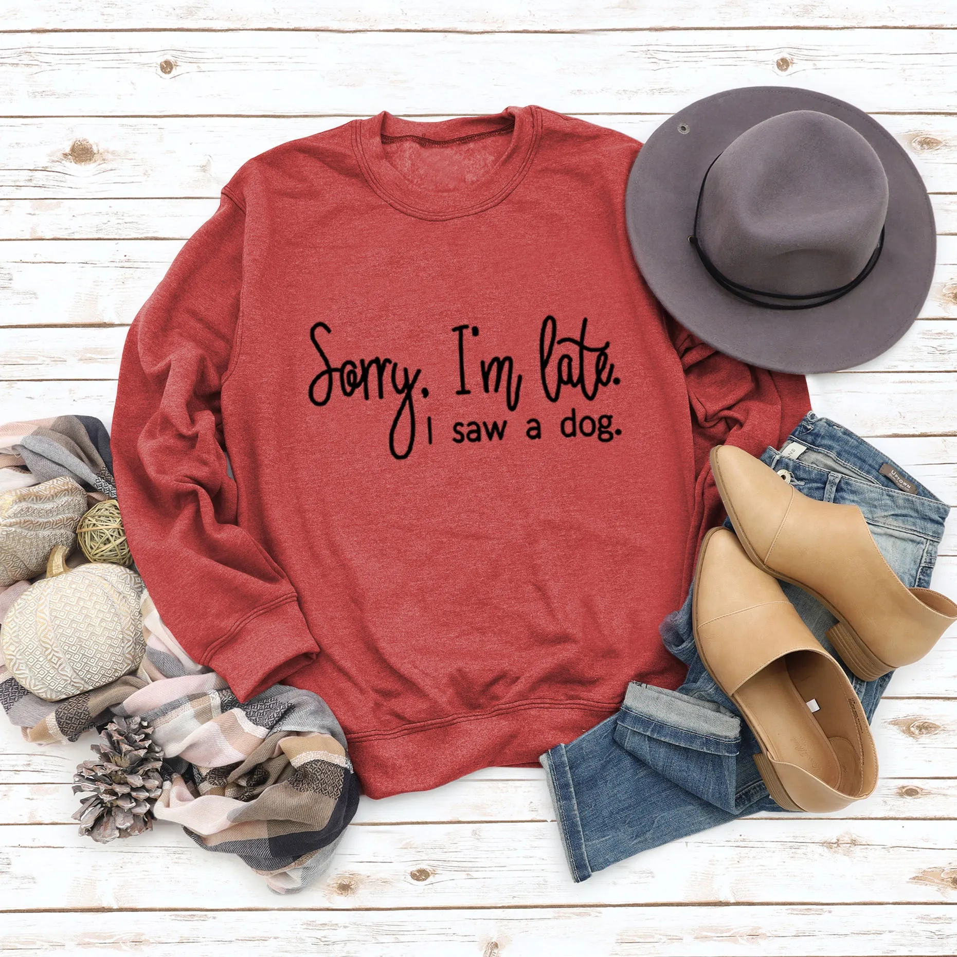 Cross Border Autumn and Winter Bottoming Long Sleeved Sorry I'm Late Letter Round Neck T-shirt Women's Sweater