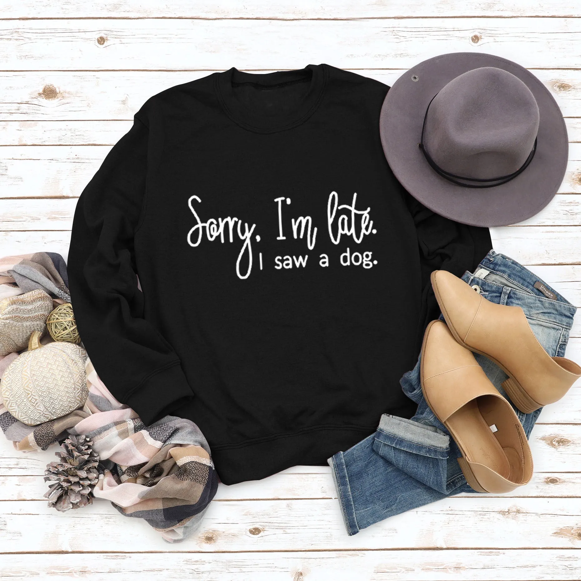 Cross Border Autumn and Winter Bottoming Long Sleeved Sorry I'm Late Letter Round Neck T-shirt Women's Sweater