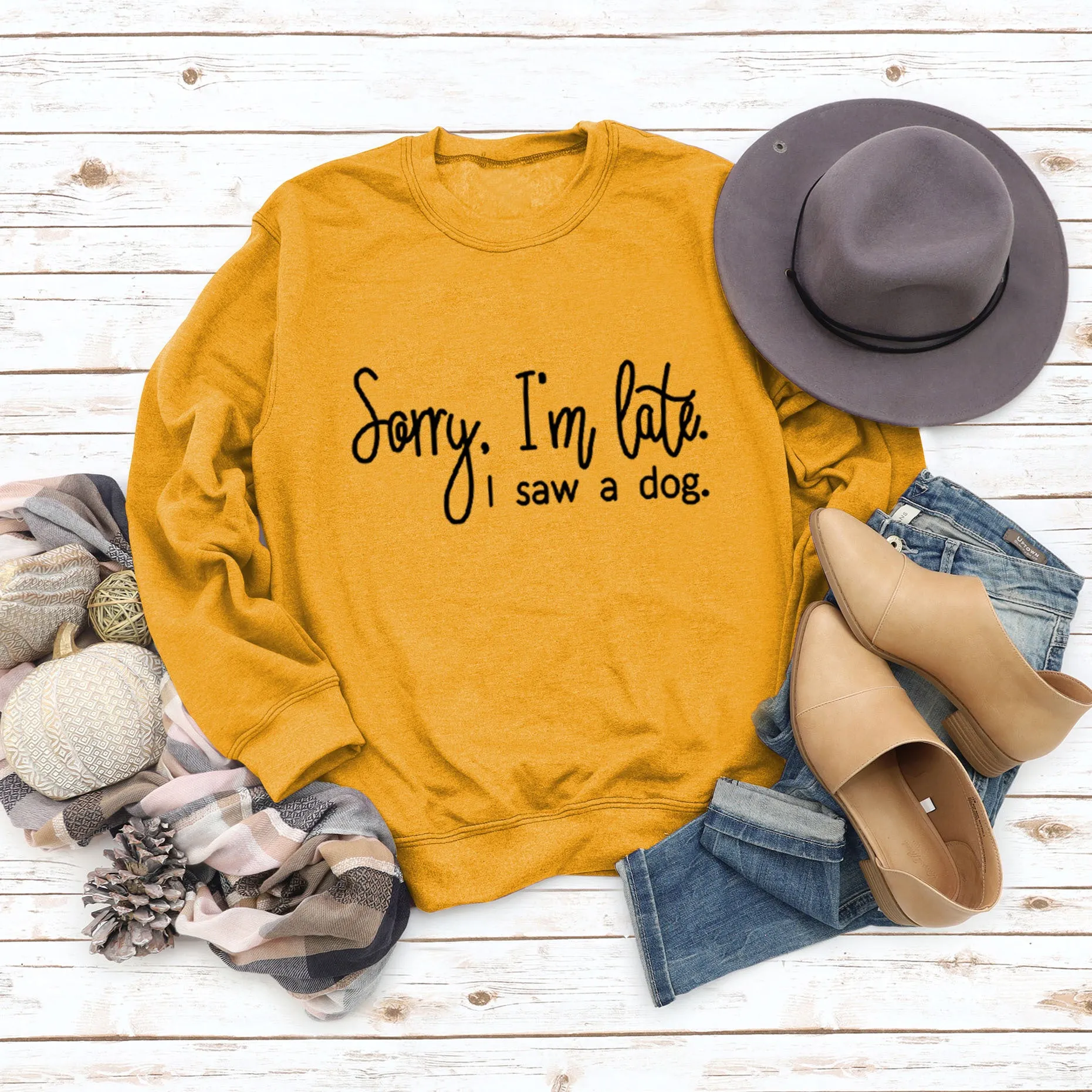 Cross Border Autumn and Winter Bottoming Long Sleeved Sorry I'm Late Letter Round Neck T-shirt Women's Sweater