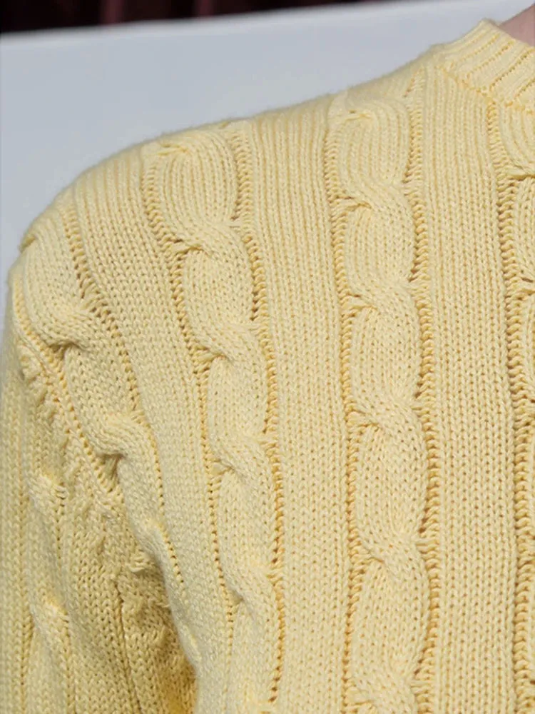 Girlary Vintage Cotton Cable Kint Sweater Women Autumn Harajuku Solid Round Neck Long Sleeve Tops Female Retro Cute Slim Sweaters Chic